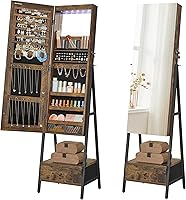 SONGMICS LED Lockable Jewelry Armoire Standing Cabinet with Full-Length Mirror, Ample Storage, Rustic Brown UJJC025X01