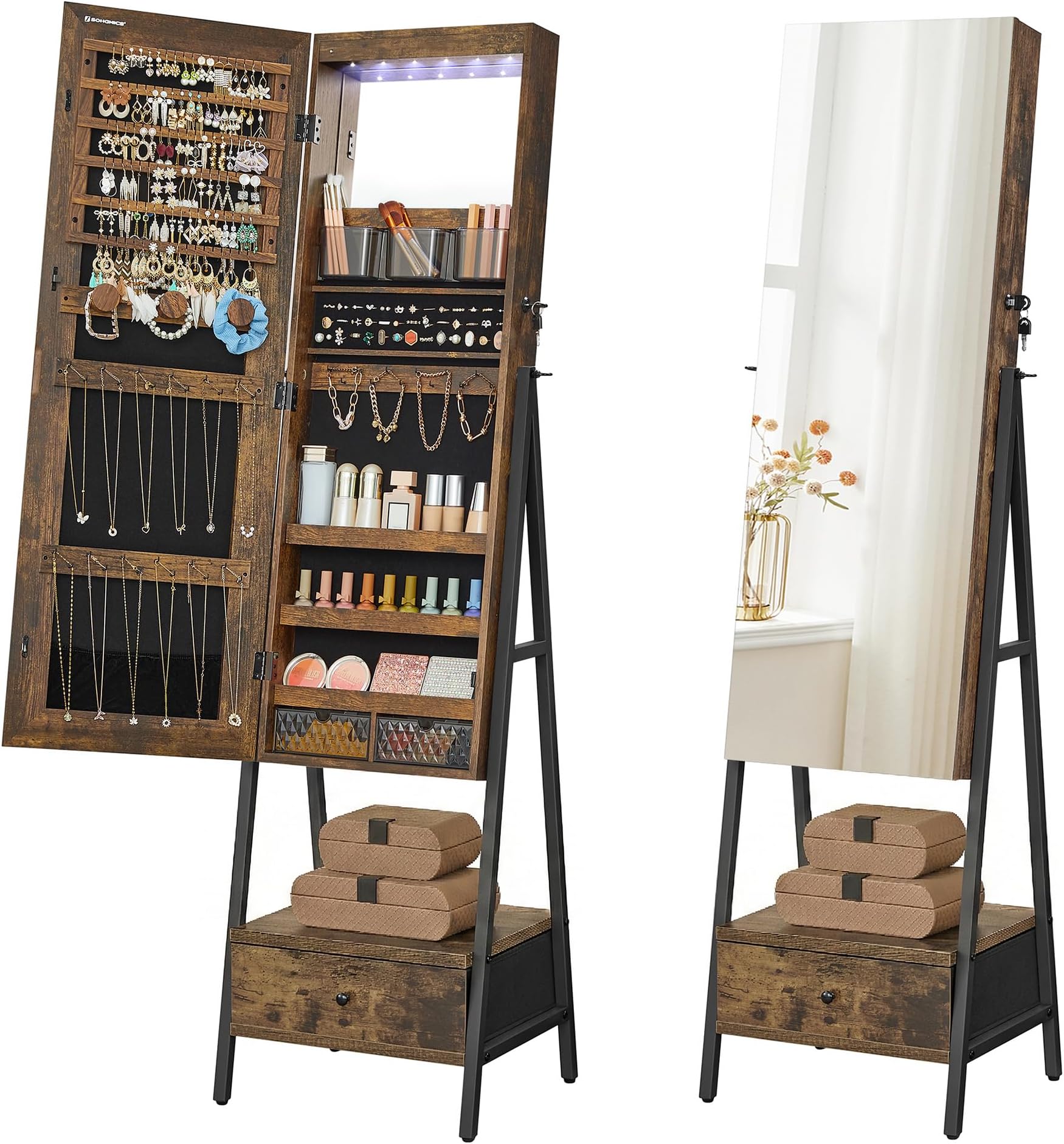 SONGMICS LED Cabinet Standing, Lockable Jewelry Armoire with Full-Length Mirror, Space-Saving Jewelry Organizer with Mirror, Bottom Drawer and Shelf, Gift Idea, Rustic Brown UJJC025X01