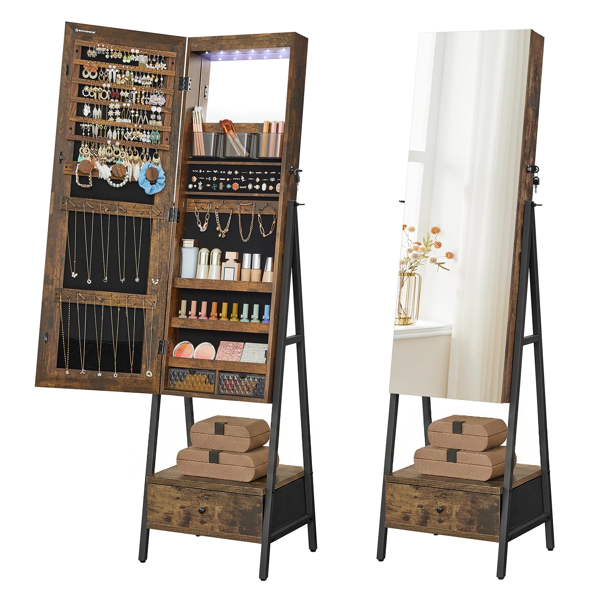 SONGMICS LED Cabinet Standing, Lockable Jewelry Armoire with Full-Length Mirror, Space-Saving Jewelry Organizer with Mirror, Bottom Drawer and Shelf, Gift Idea, Rustic Brown UJJC025X01