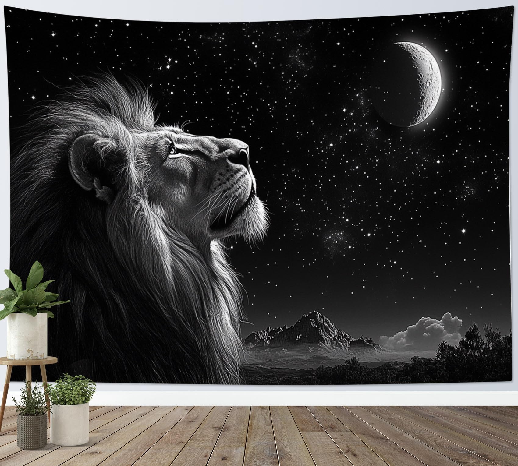 LB Lion Tapestry,Black White Starry Sky Room Decor for Boys Men,150x100cm