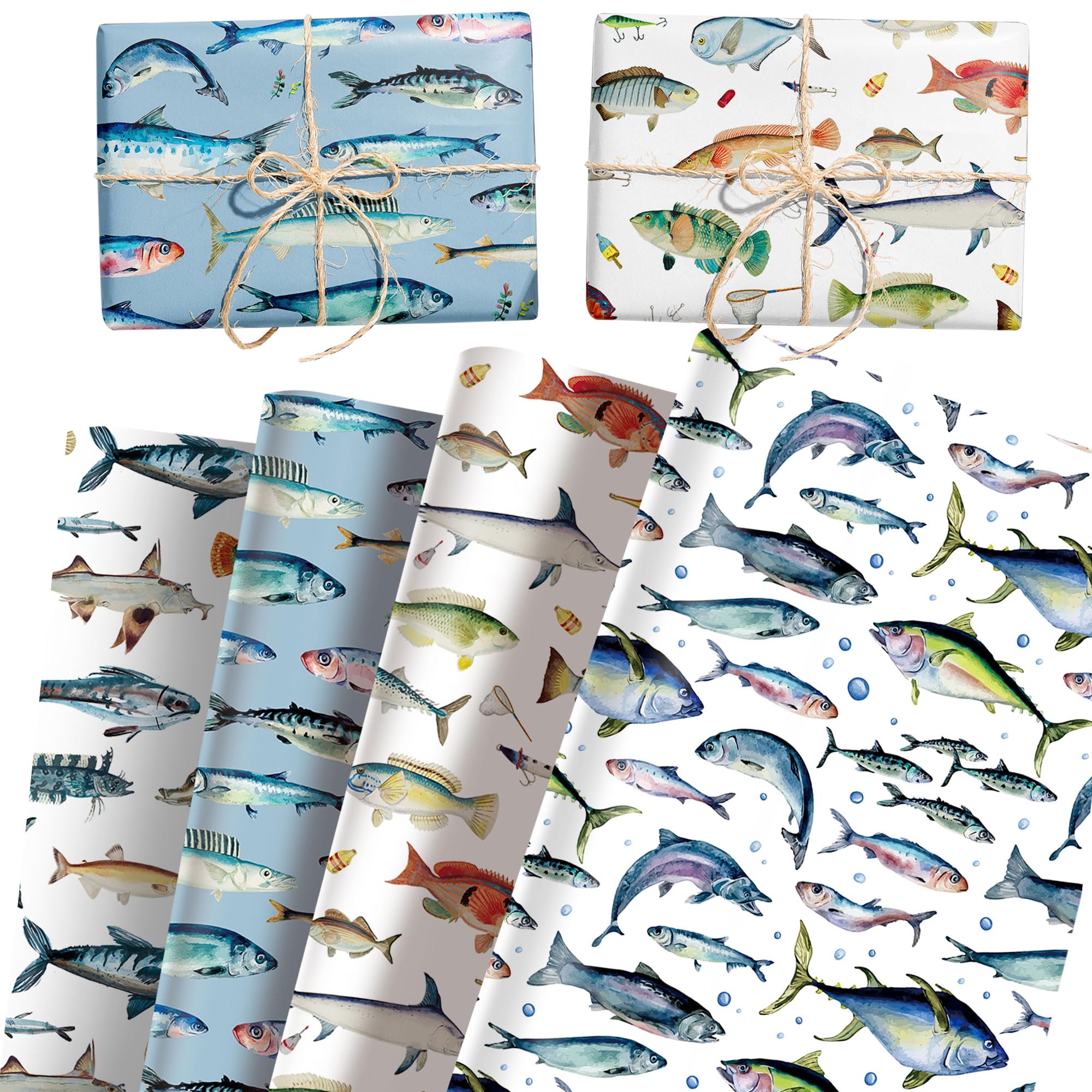 12 Sheets Fishing Gift Wrapping Paper Colorful Fish Gift Wrap Paper for Baby Shower Fishing Theme Birthday Party DIY Craft
