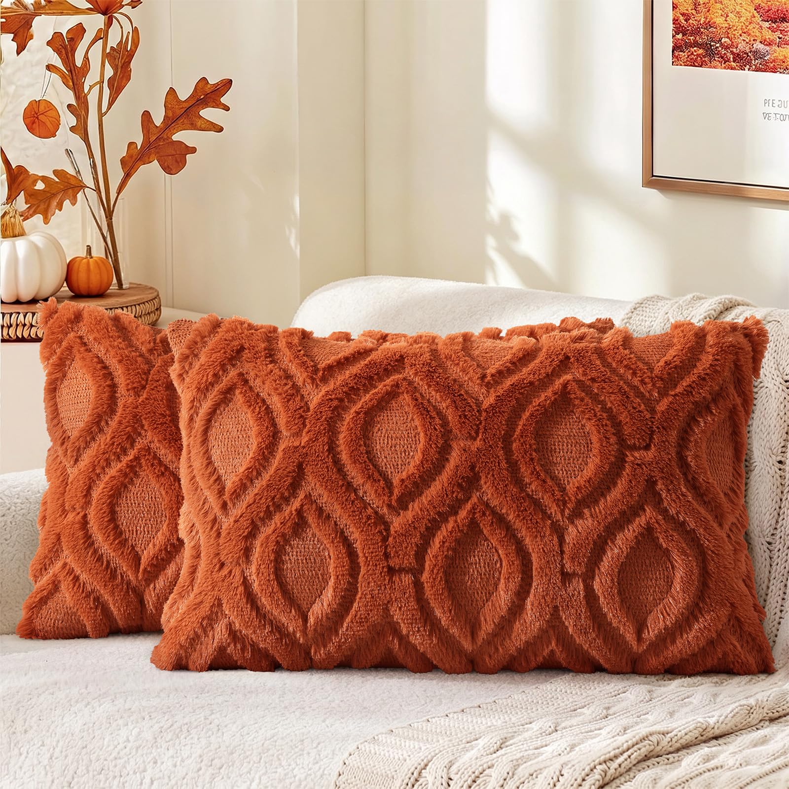 decorUhome Faux Fur Plush Light Rust Throw Pillow Covers 12x20 Set of 2