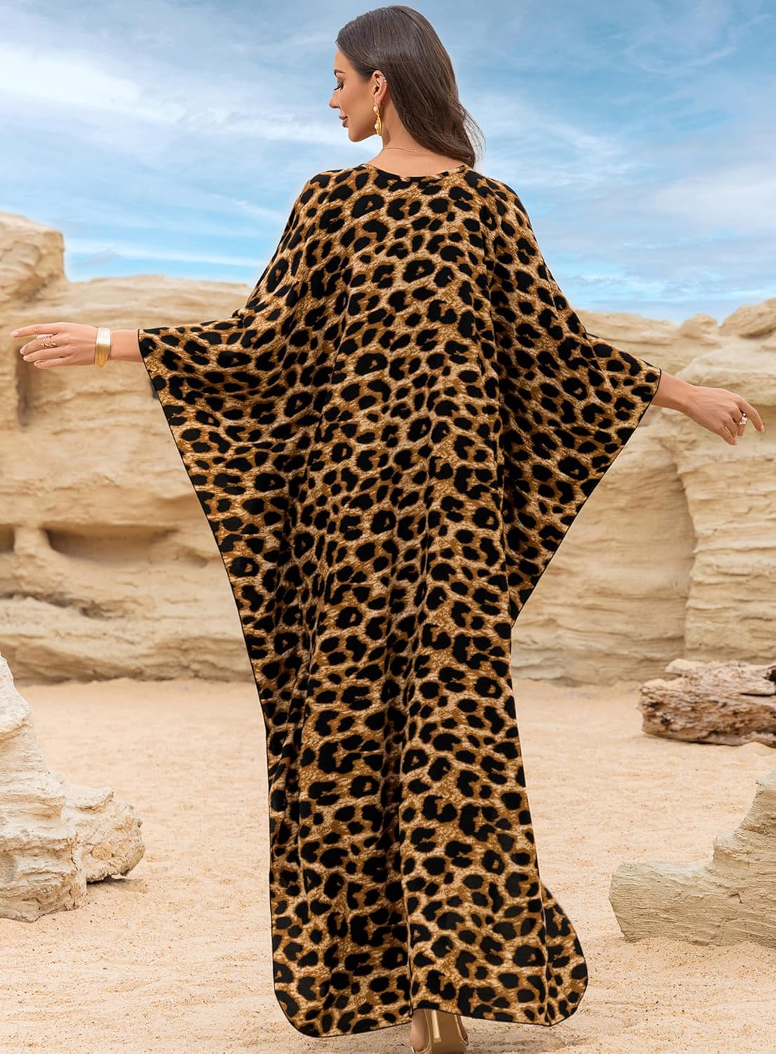 Yanziliu Women Kaftan Dresses Plus Size V-Neck Batwing Sleeves Beach Cover Up 2025 Summer Floral Print Caftan Dress - Image 3