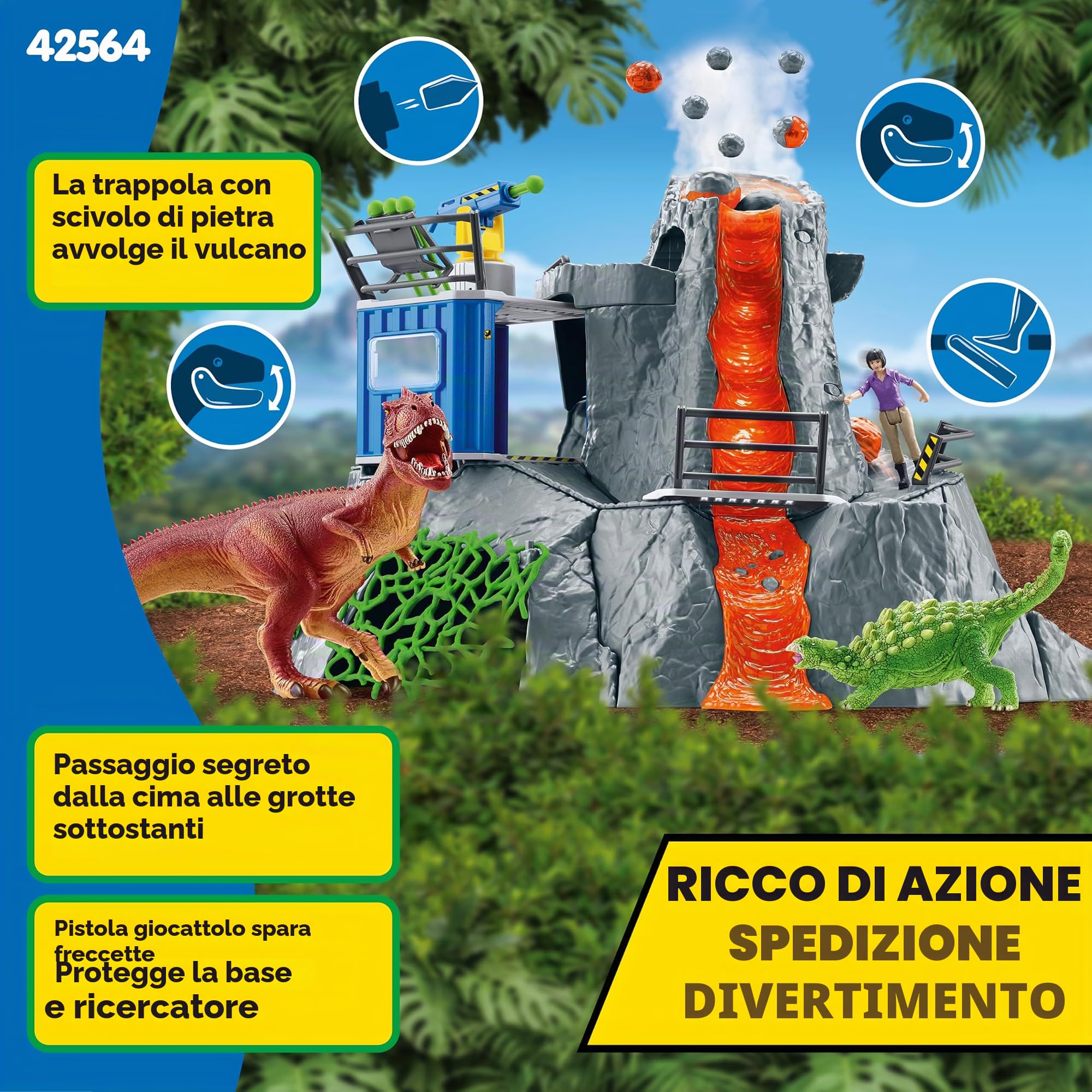 schleich DINOSAURS | Grande spedizione del vulcano 42564 | 60 pezzi | Set da gioco dai 5 anni | set con personaggi, numerose funzioni e tanti accessori