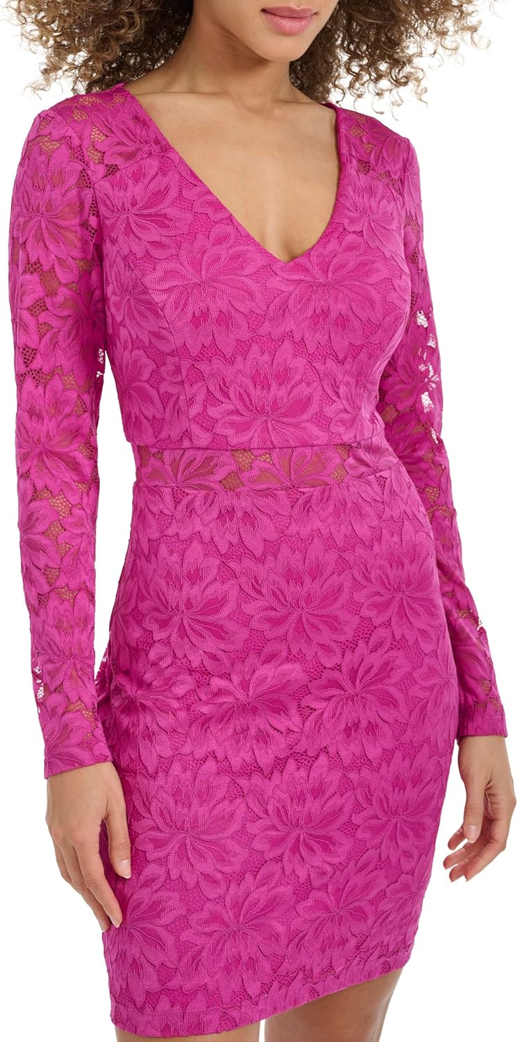 Siena Women's Long Sleeve V-Neck Floral Stretch Lace Bodycon Mini Dress