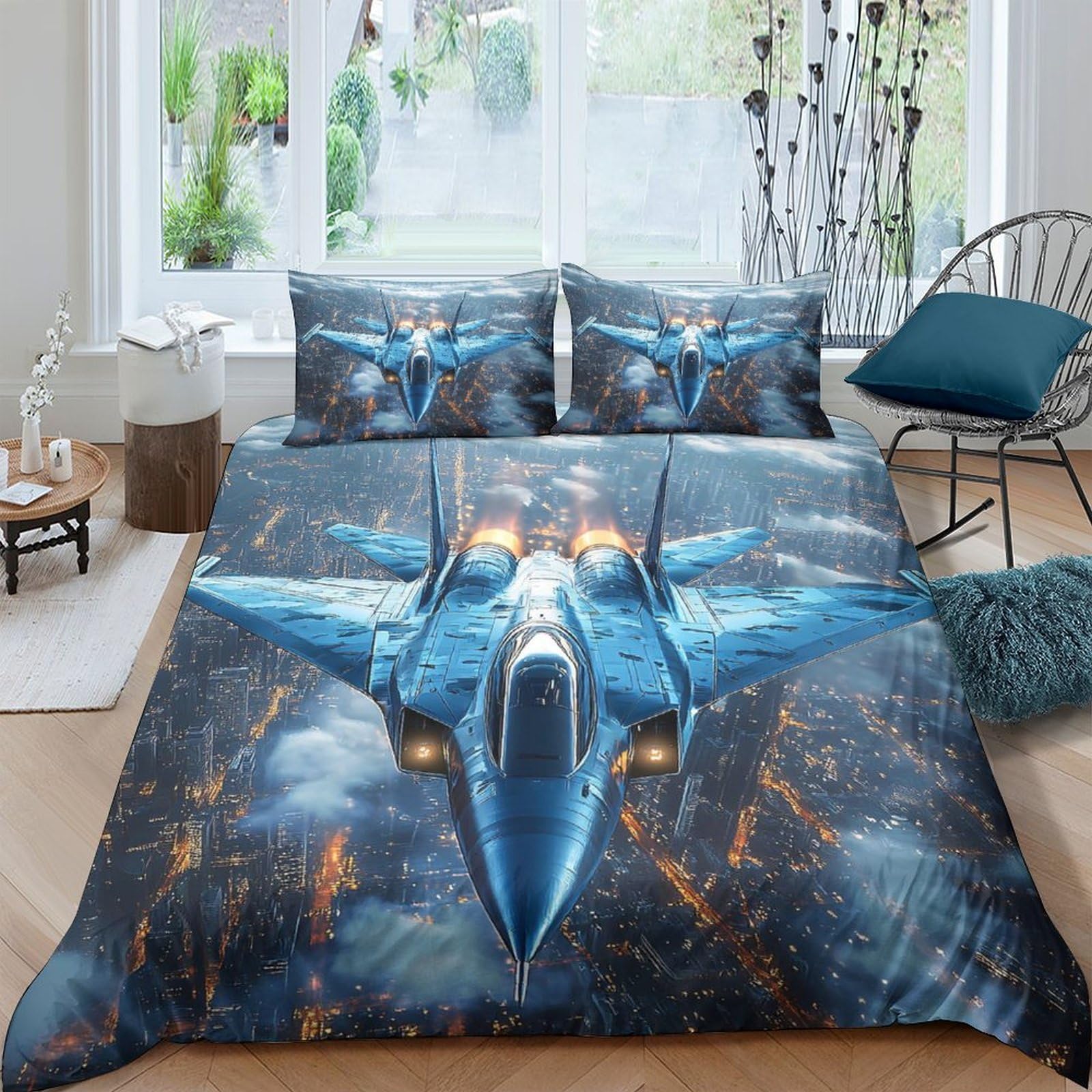 Ctjqhvkz Style-5 3D Printed Fighter Jet Fitted Sheet Microfiber Soft Blue Aircraft Bed Cover For Bedroom Dorm Room Mattress Protection Decor Single（135X200cm）