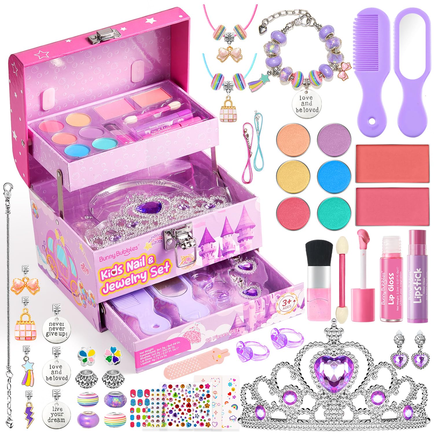 Kids Makeup Kit for Girls, Real Washable Cosmetic Set with Mirror, Jewelry Bracelet Making Kit for Kids Makeup Toy, Kids Makeup Sets for Girls 4 5 6 7 8 9 10 11 12 Years Old Kid (Purple)