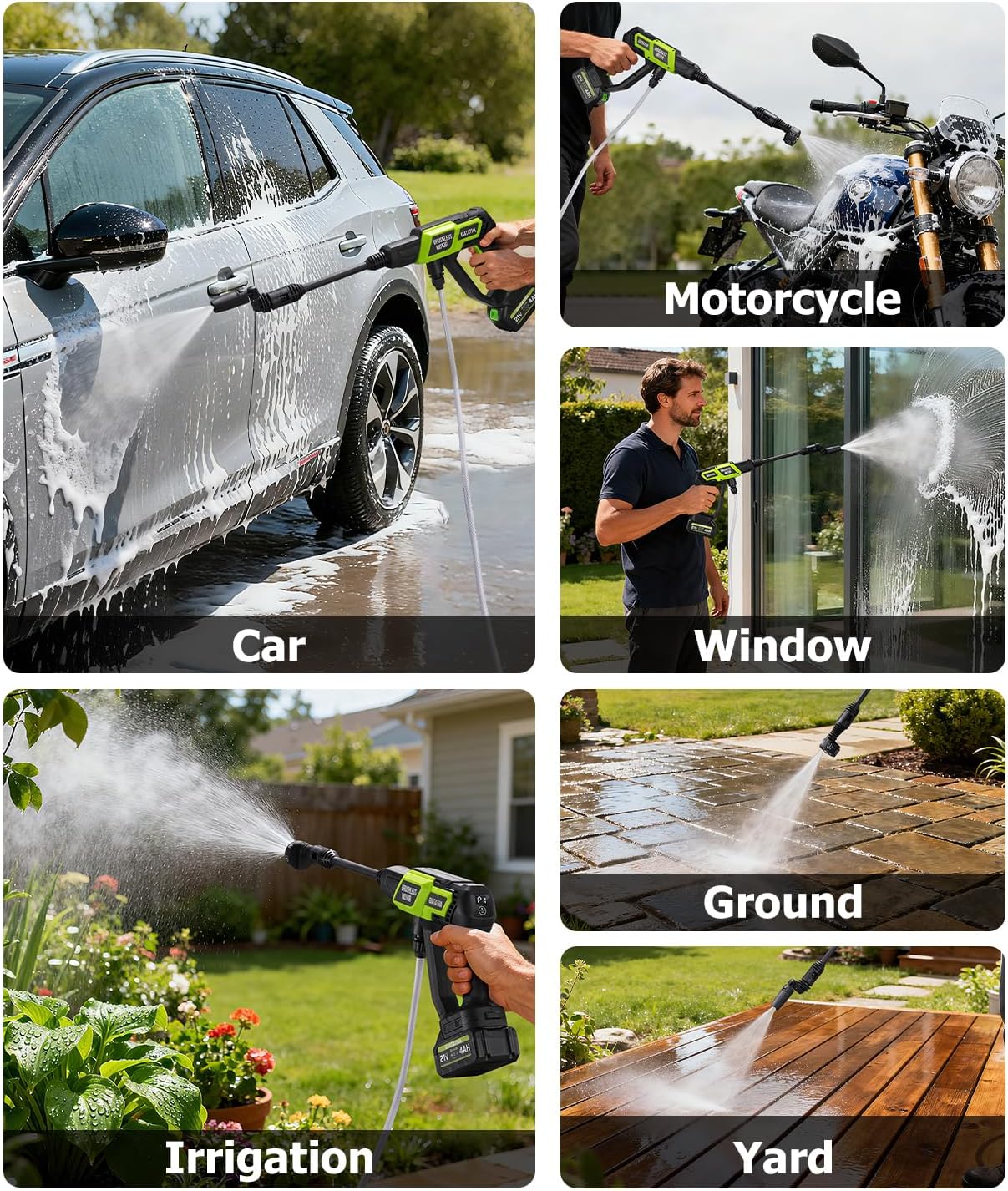 Cordless Pressure Washer, 1200PSI Brushless Motor Portable Pressure Washer with 4.0Ah Battery and Charger,6-in-1 Nozzle and 180°Rotating Nozzle, Clean Cars, Patio Furniture,Outdoor (1 Battery) - Image 7