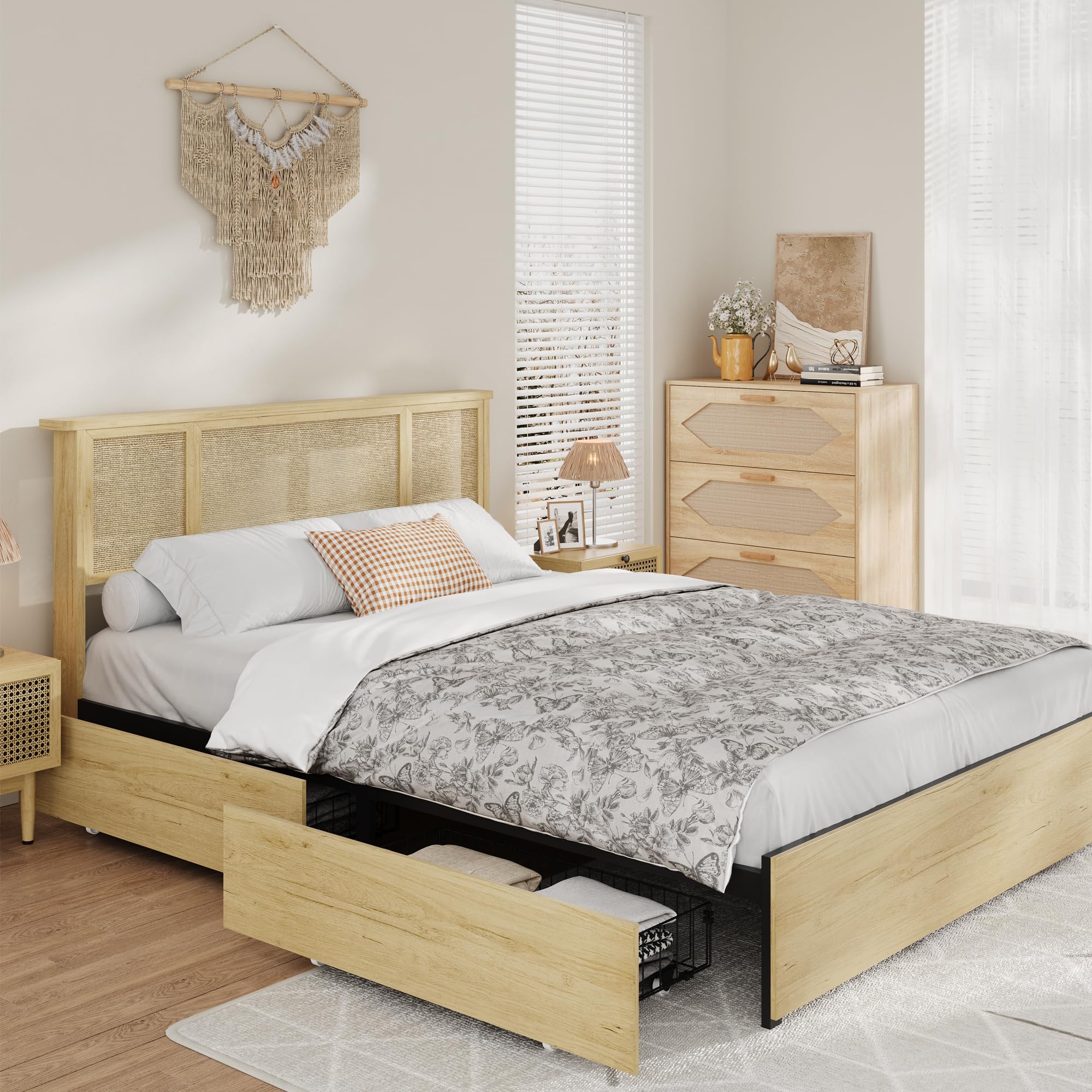 GAOMON Bed Frame with Natural Rattan Headboard, Queen Size, 4 Storage Drawers, Wooden Slats, Boho-Style Cane Support, Sturdy Metal Base, No Box Spring