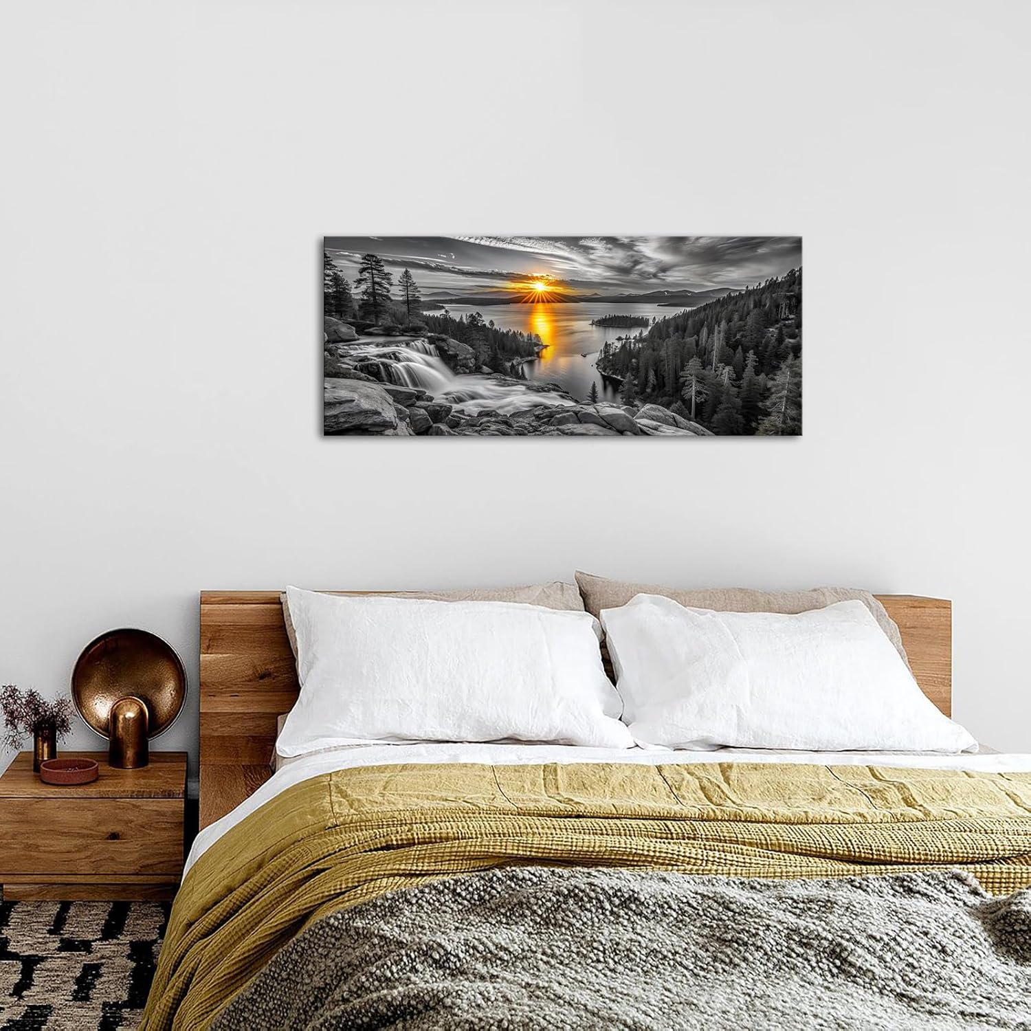 iKNOW FOTO Lake Tahoe Wall Art 20x48 Inch Black and White Landscape with Color Sunset Lower Eagle Falls and Emerald Bay Scenic Photography Canvas Print for Living Room Bedroom Office Ready to Hang