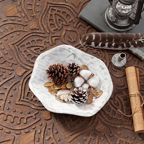 NIKKY HOME Cuencos de masa tallados a mano, madera de paulownia natural, cuenco redondo para servir, bandeja de madera decorativa, color blanco