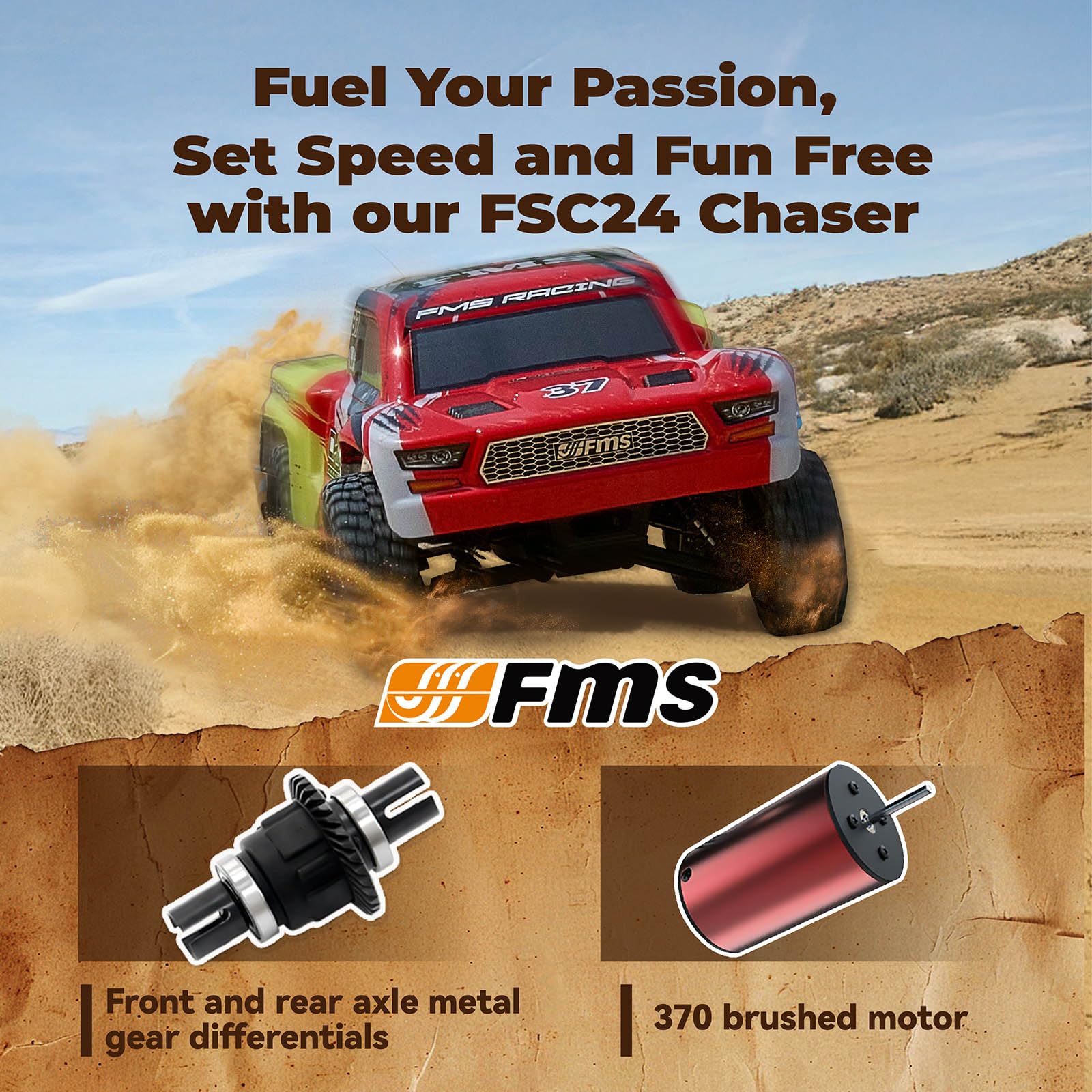 EAZYRC FMS FSC24 Chaser 1/24 RC Car 4X4 Off-Road High-Speed Short-Course Truck, 2 Speed Transmission, Brushless-Ready and 30-Minute Runtime?2.4GHz Electric Vehicle Toys Gifts for Adults (Red)