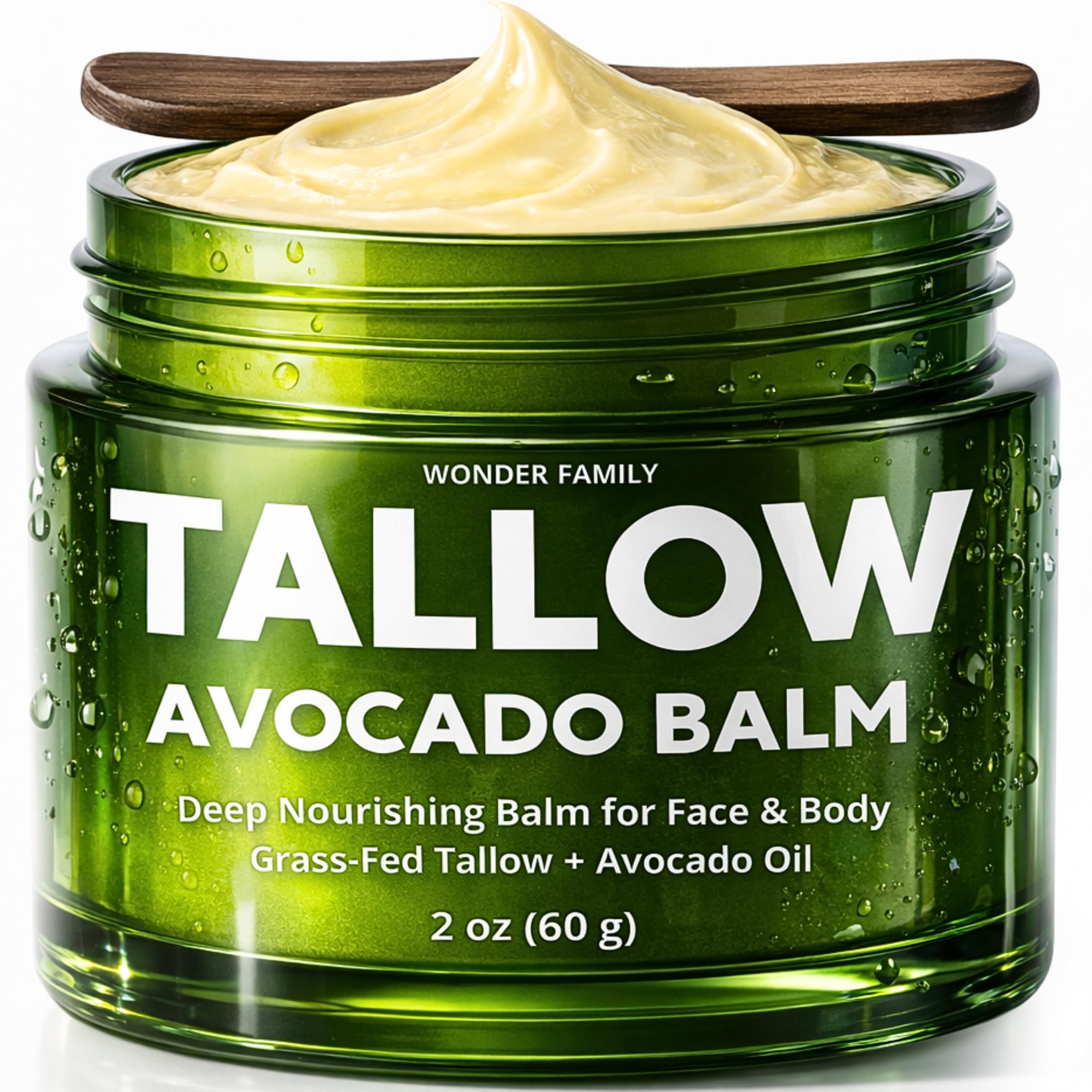 Beef Tallow & Avocado Balm for Skin & Face – Grass-Fed Beef Tallow with Avocado, Jojoba & Shea – Deep Moisturizer for Dry Skin – Includes Wooden Spatula & Pouch – For Men & Women