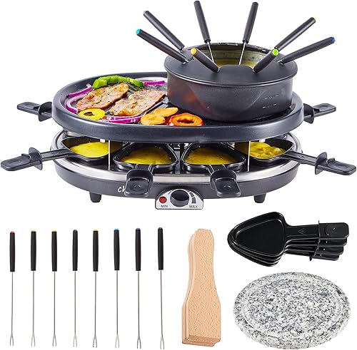 Electric Fondue Pot Set,Cheese Fondue Pot and Chocolate Fondue Kit,Portable BBQ Grill with Raclette Grill Plate,8 Fondue Forks,8 Small Nonstick Pans