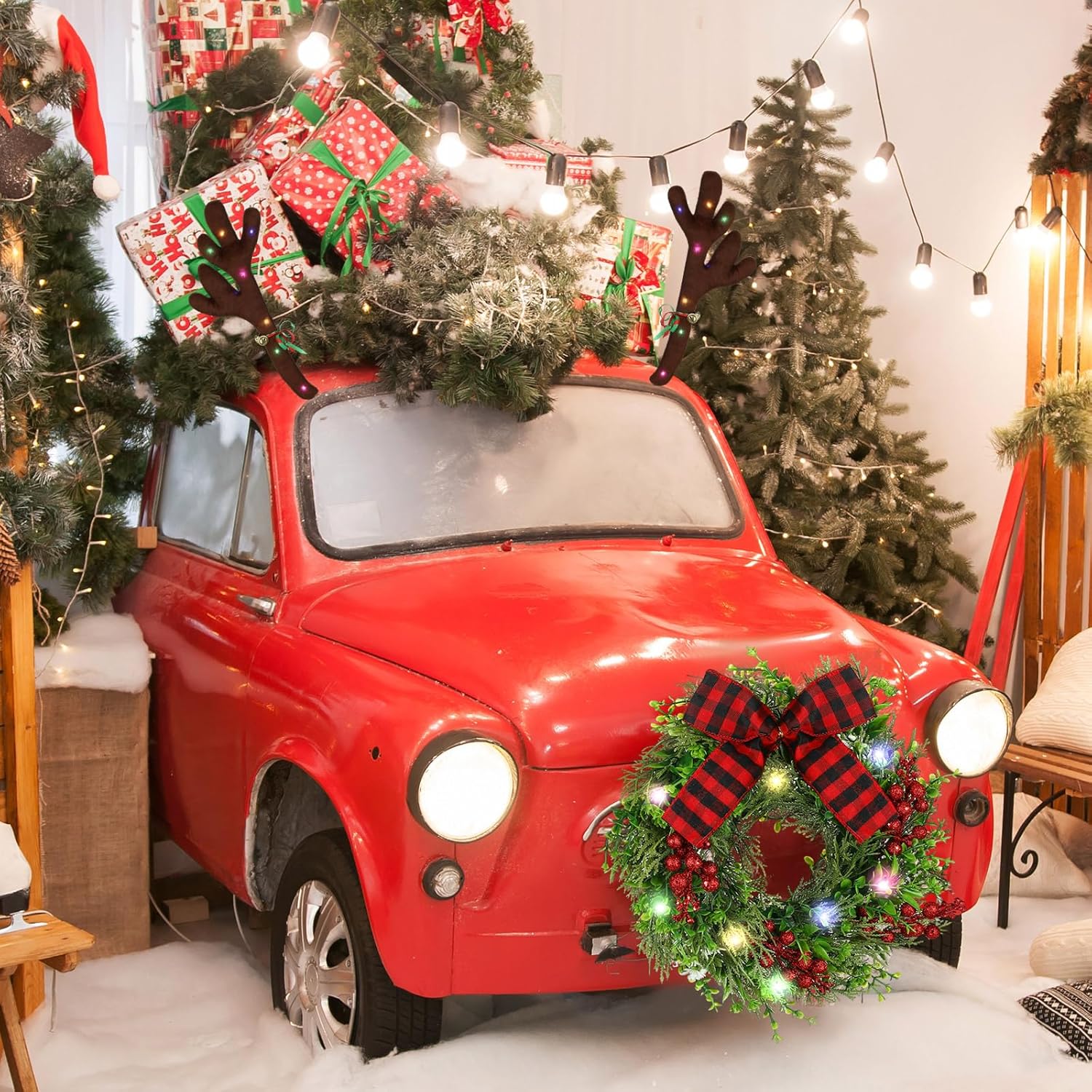 Yunlly 13 Inch Christmas Car Wreath Reindeer Antlers Kit with LED Lights, Glowing LED Car Reindeer Antlers with Bells and Nose Xmas Wreath Bow Decor(Pine and Cypress)