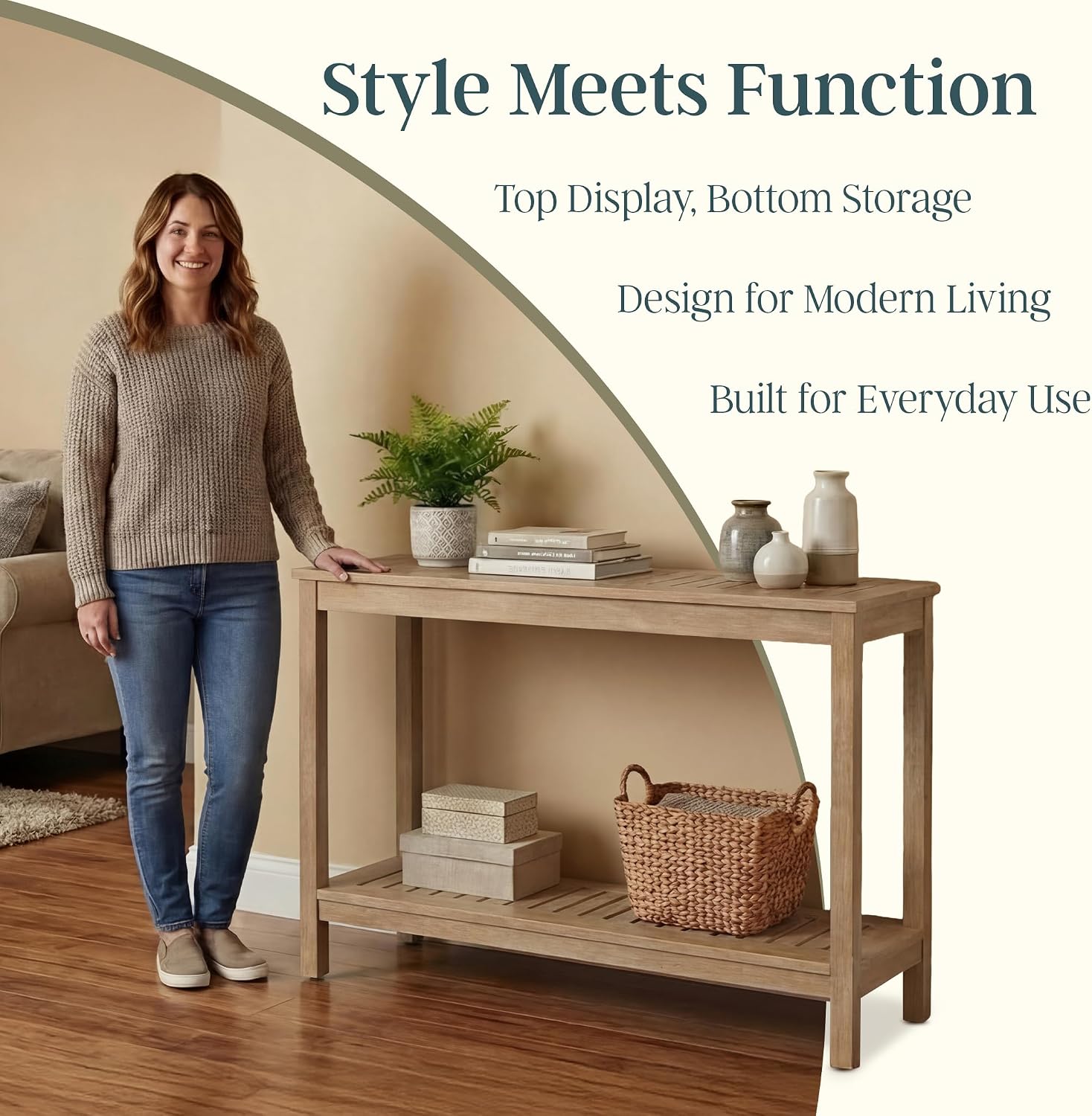 DTY Outdoor Living Eucalyptus Wood Console Table, Two-Shelf Outdoor Buffet, Biscotti Weather-Resistant Finish