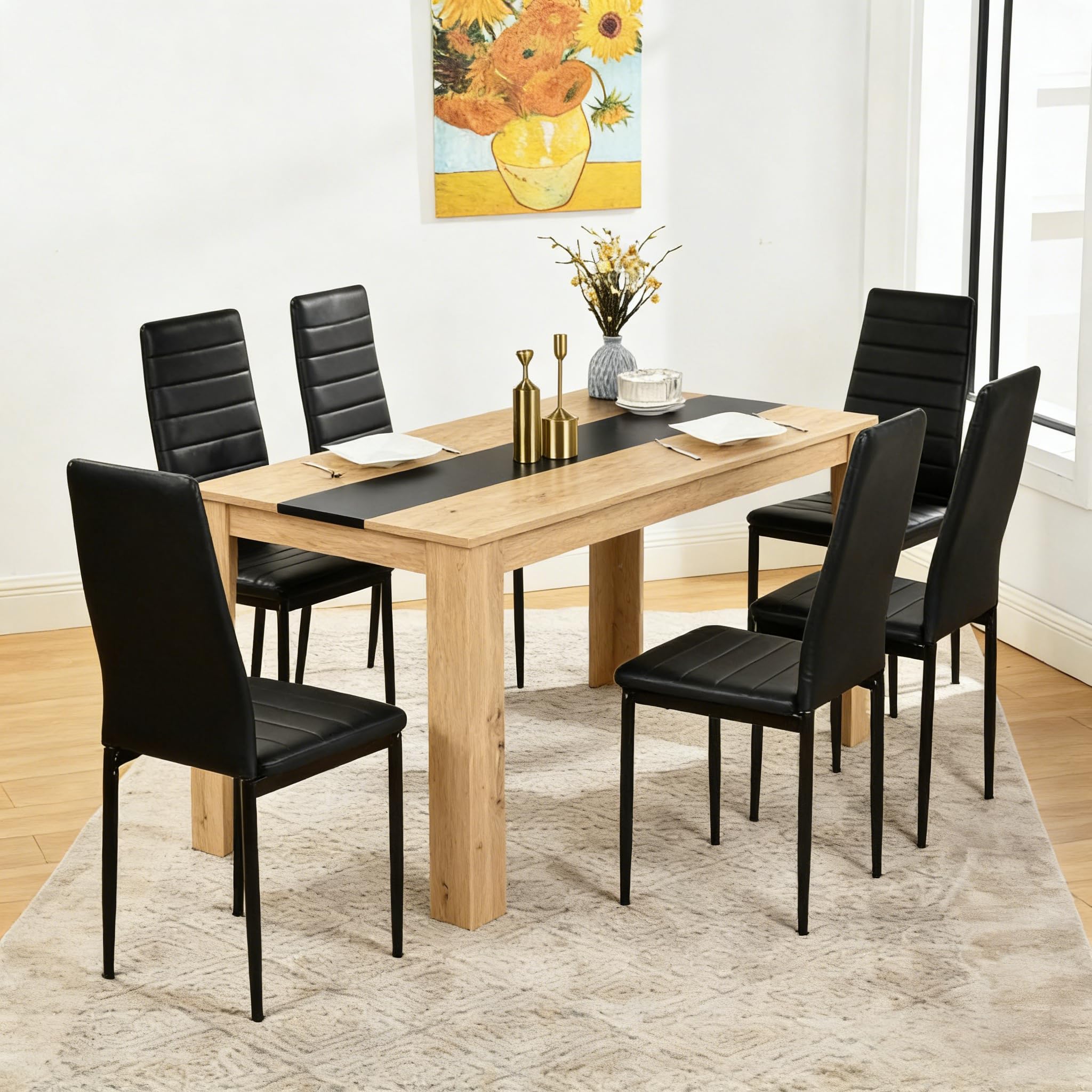 Conjunto 1 Mesa y 6 Sillas Comedor, Mesa:140x70x75cm, Silla:40x39x98 cm, Ideal para Comedor, Cocina y Salon, Mesa y Sillas Cocina