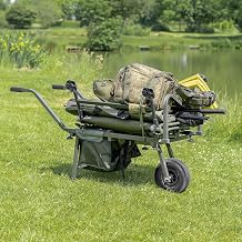 FORZA Atlas Fishing Barrow | Foldable Carp Fishing Trolley with Removable Pneumatic Tire, Steel Frame & 600D PVC Bag | Army Green Fishing Cart for Tackle, Gear & Carp Luggage