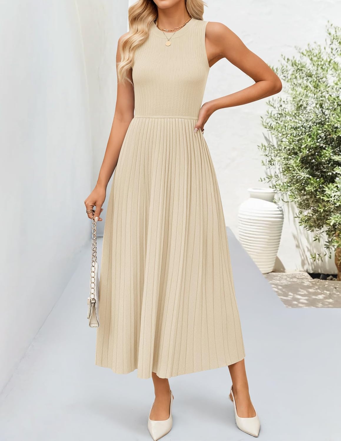 ZESICA Women's 2026 Summer Sleeveless Midi Dresses Casual Crewneck Ribbed Knit Pleated A Line Swing Long Party Dress - Image 3