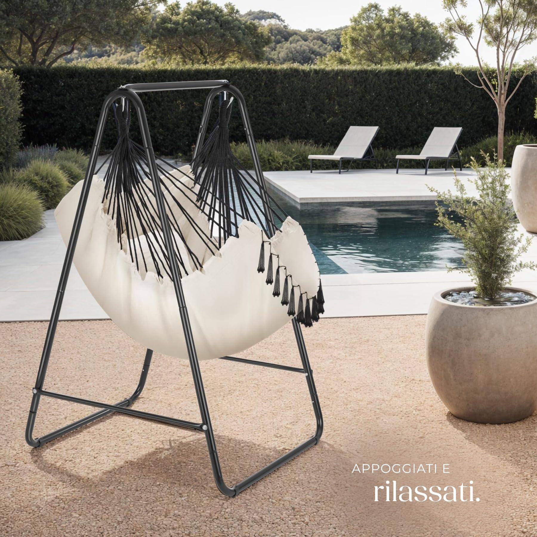 tectake® Poltrona Sospesa Boho con Cuscini, Tasca Laterale, Tessuto Misto Cotone-Poliestere, Telaio in Acciaio, Capacità 160 kg, Arredamento Casa e Giardino, per Interni ed Esterni - Beige