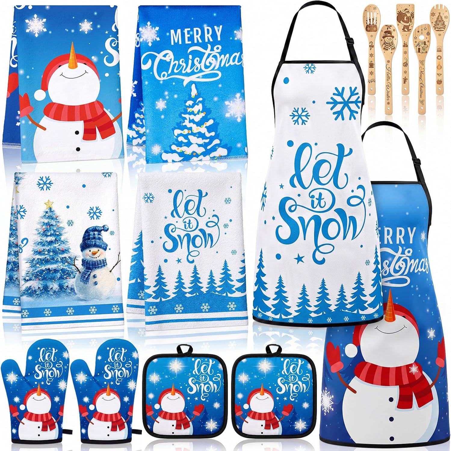 15 Pcs Blue Christmas Snowman Kitchen Decor Set