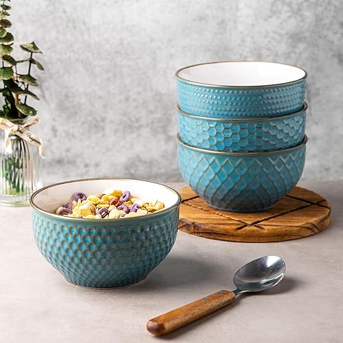 Miniatura 6 de Juego de cuencos de cerámica de cerámica para cocina, cuencos de sopa de cerámica de 22 onzas con patrones de textura para sopa, frutas, fideos,