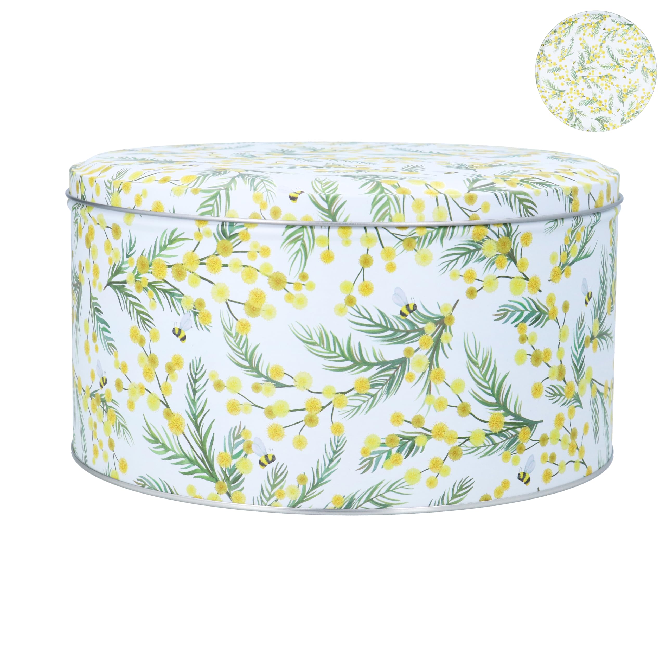 Gisela Graham Cake Storage Tin, Yellow Mimosa Floral Pattern, Metal, 23cm