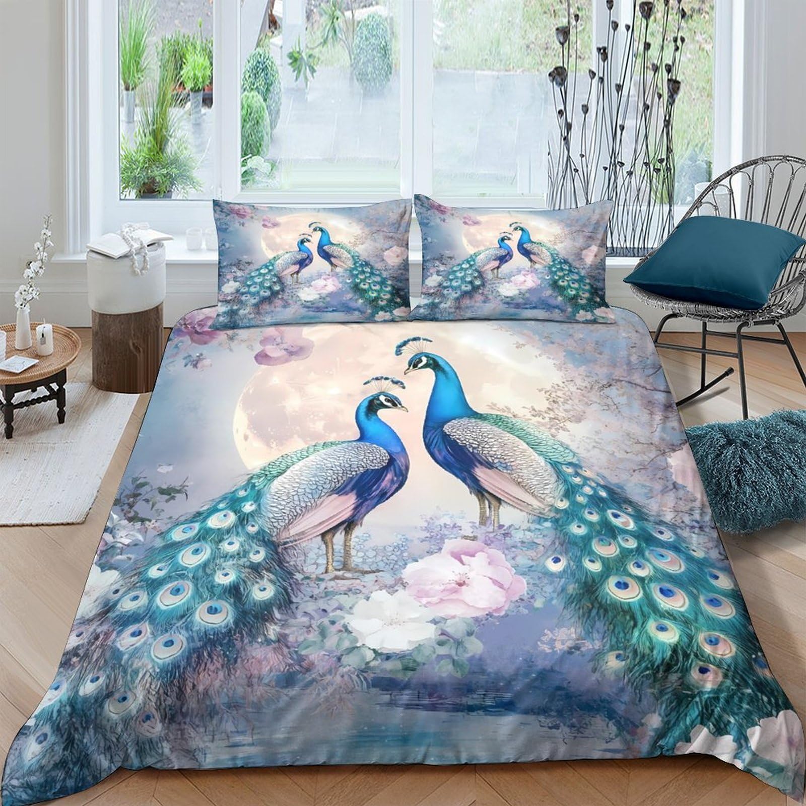 Ctjqhvkz Style-6 3D Printed Peacock Romance Fitted Sheet Microfiber Soft Blue Green Lotus Bed Sheet For Bedroom Guest Room Decor Single（135X200cm）