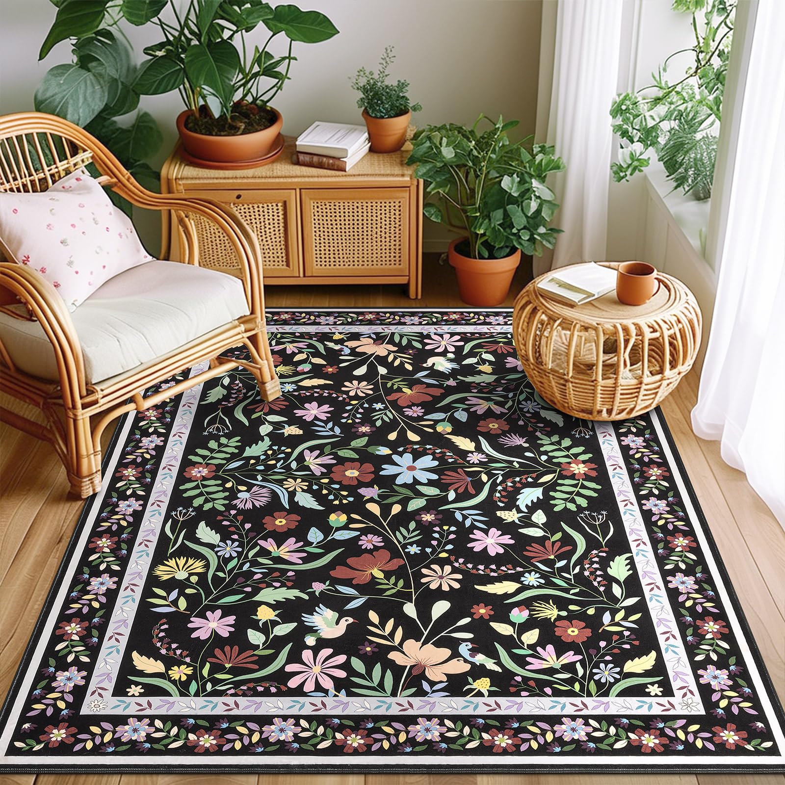 SHACOS 4x6 Boho Area Rugs for Living Room, Machine Washable Floral Carpet | Non Slip Soft Nursery Rugs for Bedroom Kids Room Dining Room Entryway Indoor, Black