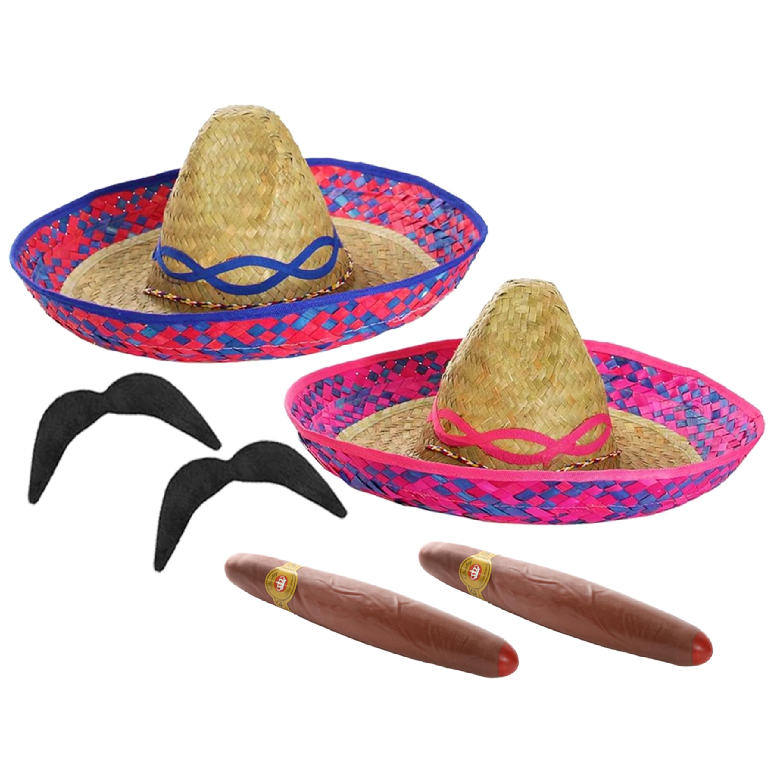 Couples Mexican Accessory Set - Blue Embroidered Sombrero, Pink Embroidered Sombrero, Fake Moustaches, Fake Cigars - Adults Mexico Cinco de Mayo Fiesta Mariachi Fancy Dress Accessory Set