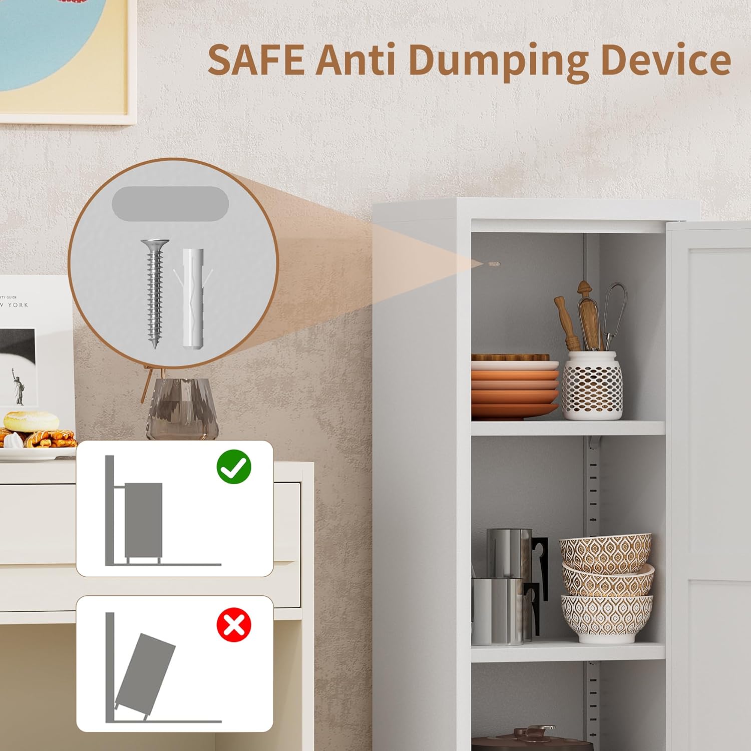 Metal Bathroom Cabinet with Doors & Adjustable Shelves,Kitchen Pantry Cabinets for Home,Cupboard for Office,Dining Room and Bathroom(White)