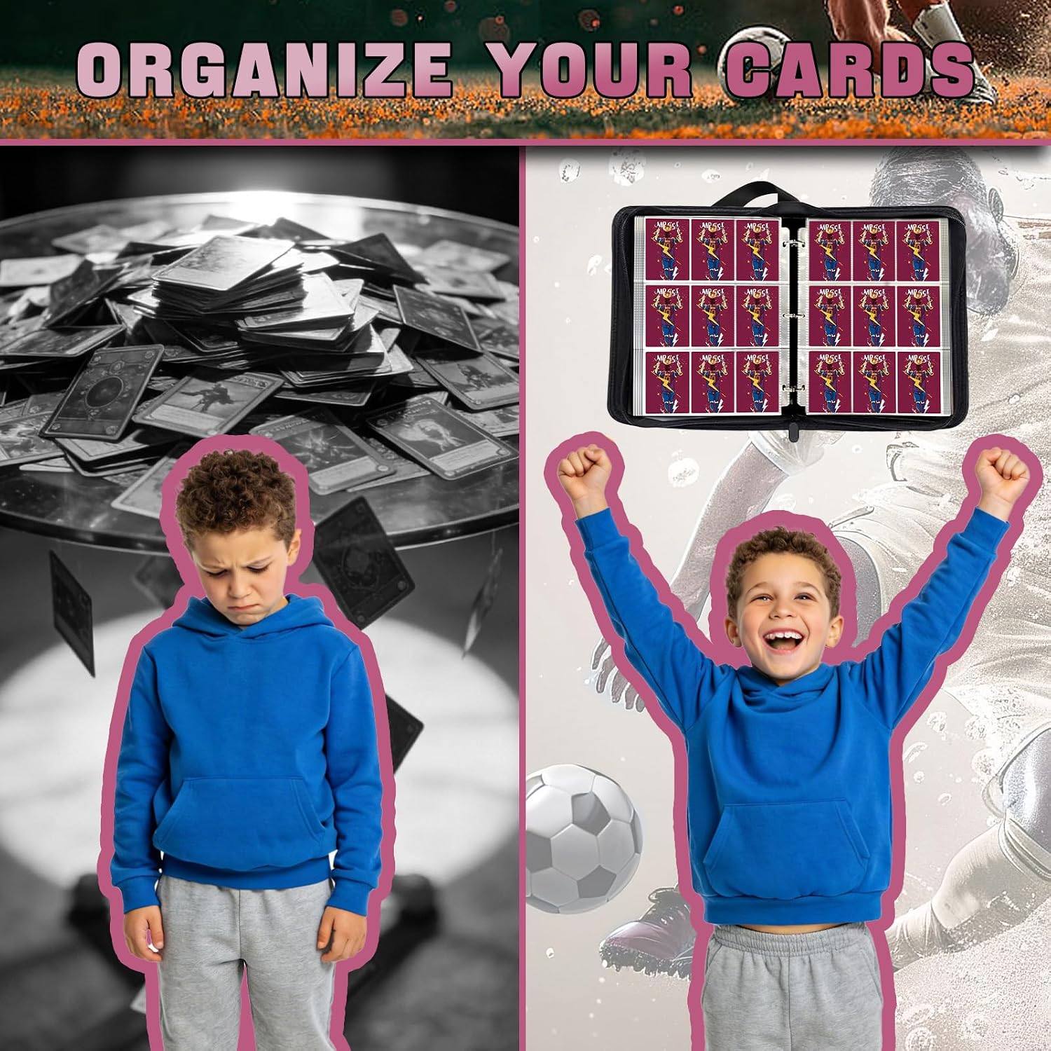 Soccer Binder 9 Pocket,Trading Card Binder Fits 900 Cards with 50 Removable Sleeves,Waterproof PU Leather 3-Ring Zipper Card Organizer,Portable Card Holder for Football Fans ＆ Collectors image 4