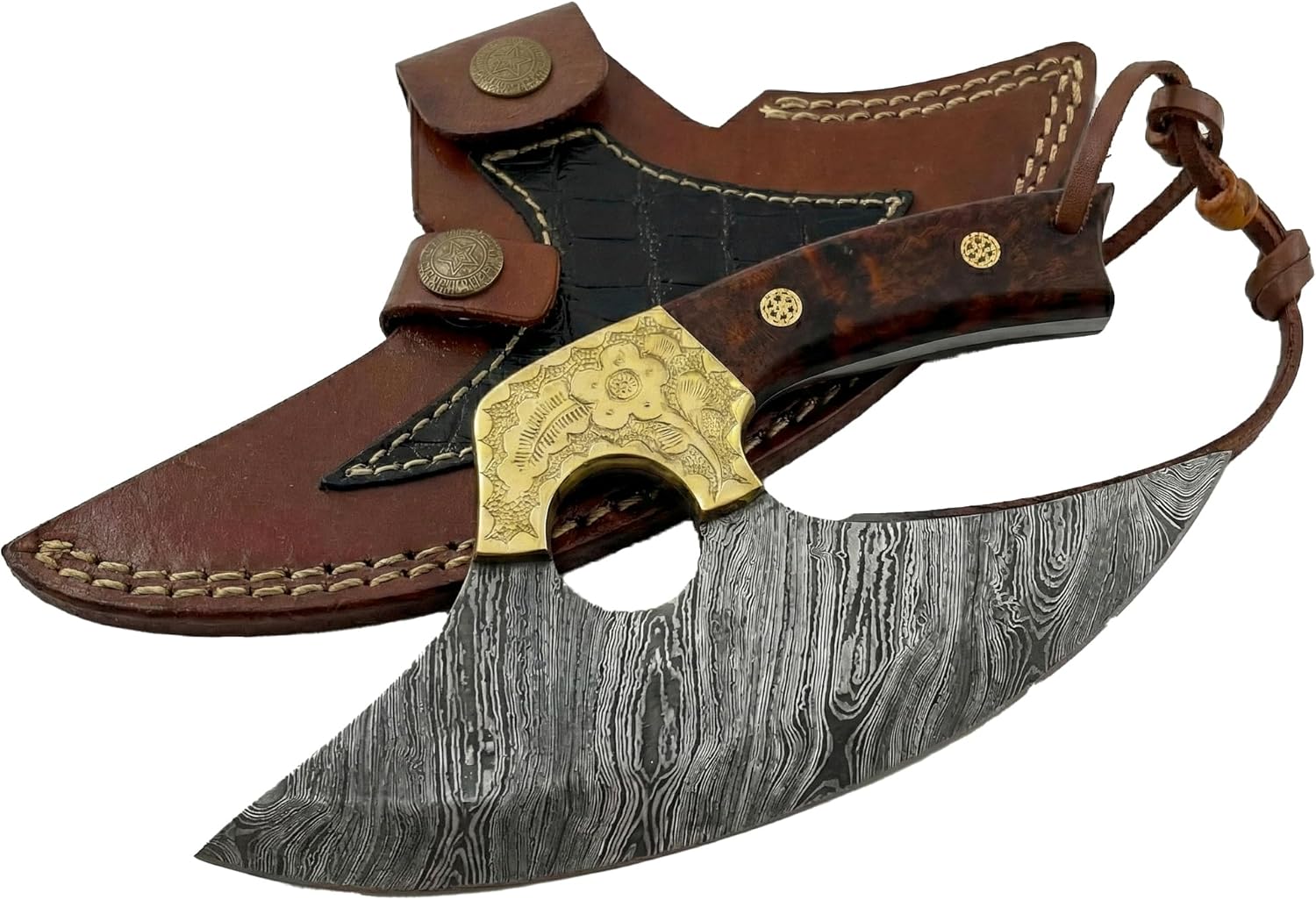 Dessi Alaskan Ulu Knife Damascus Steel Rocker Blade for Chopping Mincing Slicing, Rose Burl Wood Handle Engraved Brass Bolster, Leather Sheath & Lanyard, Kitchen Mezzaluna Cutter SM145