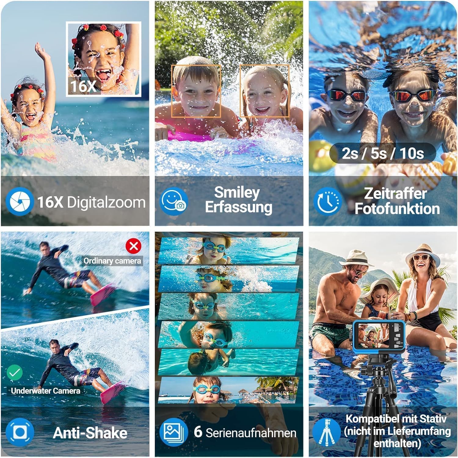 Unterwasserkamera Full HD 2.7K 48MP 10FT Kamera Wasserdicht Dual Screen 16X Digital Zoom Schnorcheln wasserdichte Digitalkamera fü r Selbstauslöser Unterwasser, Schwimmen, Urlaub
