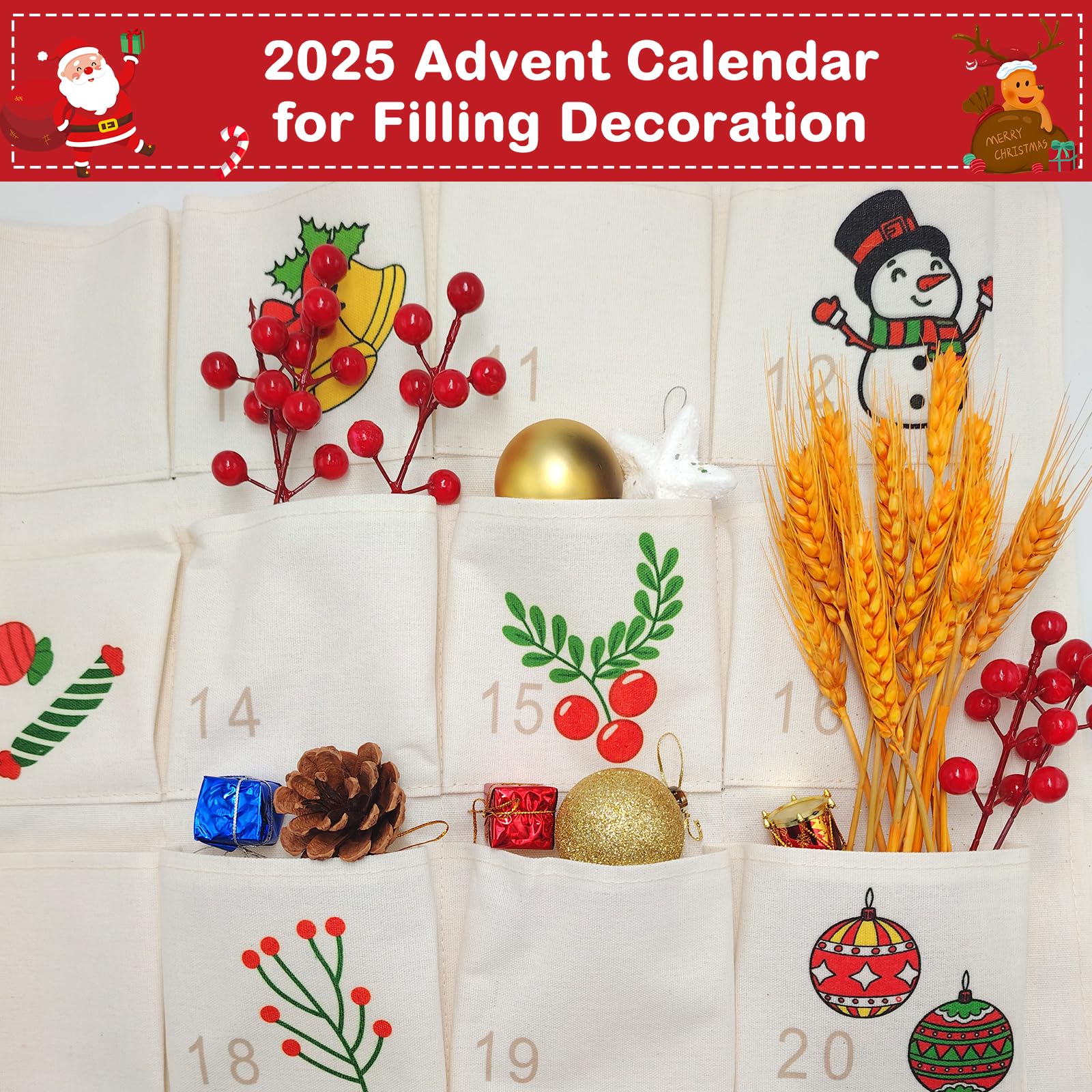 Calendario Dell'Avvento Da Parete In Tessuto Da Riempire. Decorazione Natalizia Con Tasche, Fiocchi Di Neve E Alberi. Riutilizzabile E Con Corda Per Appenderlo.