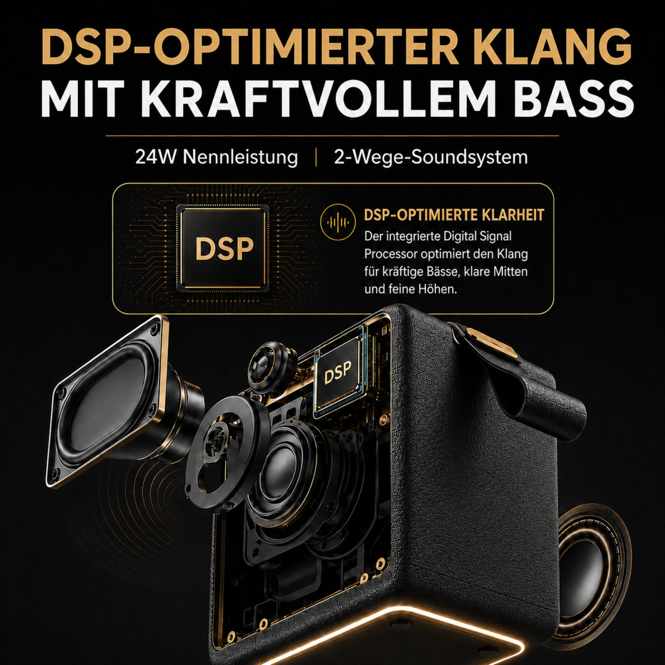 MG II Bluetooth Lautsprecher, 24W RMS Dauerleistung, Bluetooth 6.0, DSP Klang, IP67 Wasserdicht & Staubdicht, 17H+ Akku, RGB Licht, TWS Stereo, 3 EQ-Modi, Type-C Laden, AUX/TF/USB, Schwarz & Messing