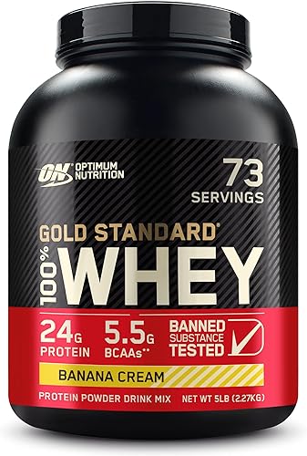 Optimum Nutrition Gold Standard 100% proteína de suero en polvo, crema de plátano, 5 libras, el empaque puede variar