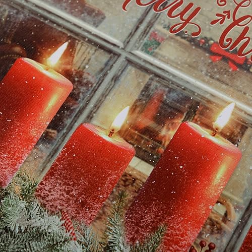Miniatura 7 de NIKKY HOME Lienzo de Navidad con iluminación LED de 16 x 12 pulgadas, impresiones artísticas de velas iluminadas con bayas rojas, escena de ventana