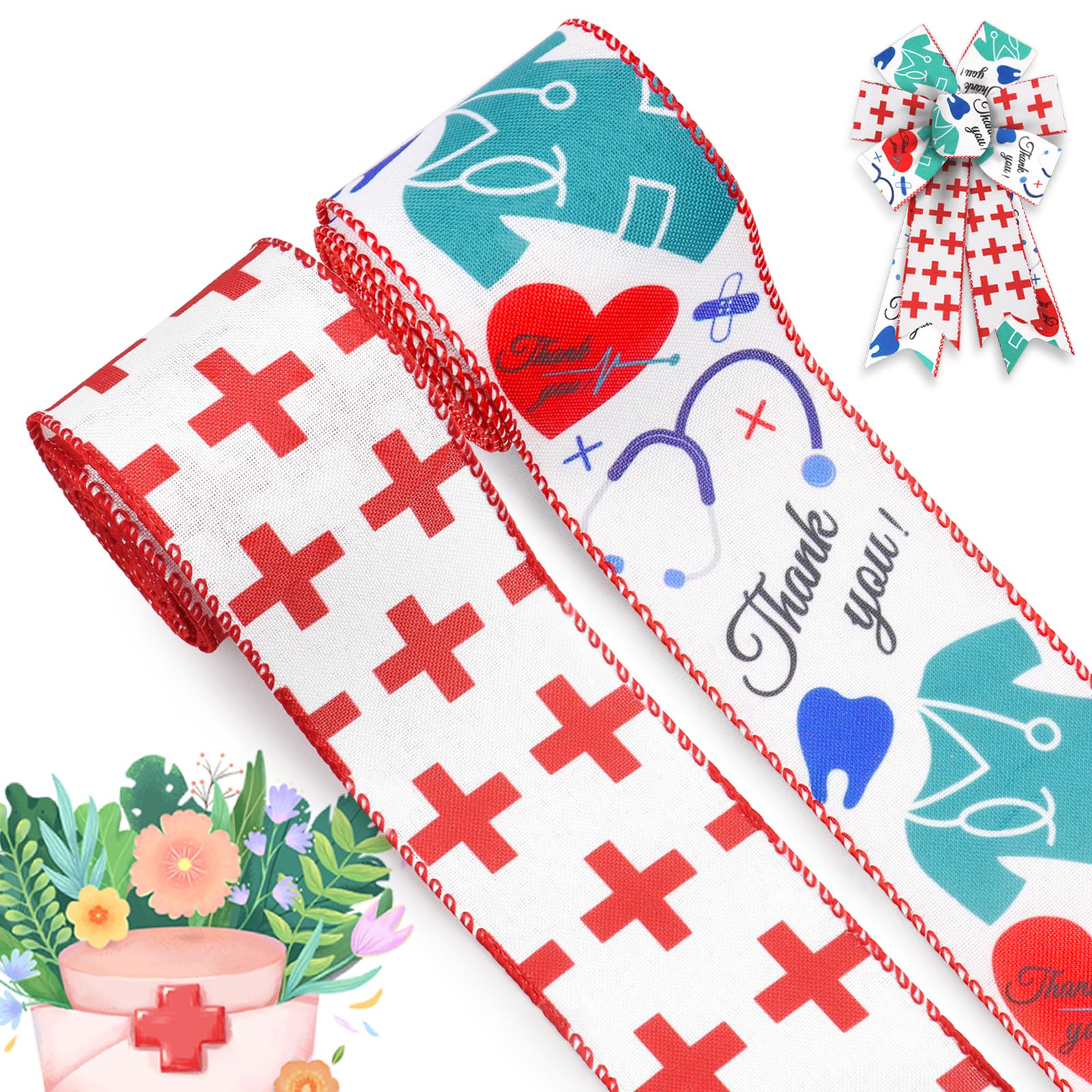 Threetols2 Rolls 10 Yards Nurse Day Wired Edge Ribbon, 2.5inch Red White Burlap Ribbon, Red Cross Thank You Gift Wrapping Ribbon for Home DIY Craft Healthcare Heroes Wreaths Bow Party Decoration
