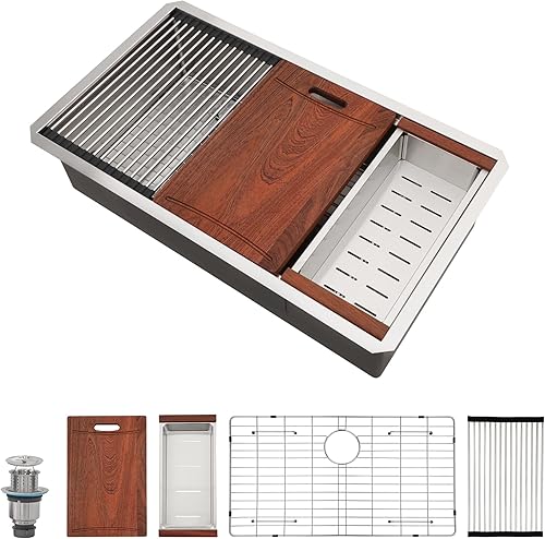 Lepuday Fregadero de cocina de montaje inferior de 30 pulgadas de acero inoxidable calibre 16 fregadero de cocina con estación de trabajo 30 x 19