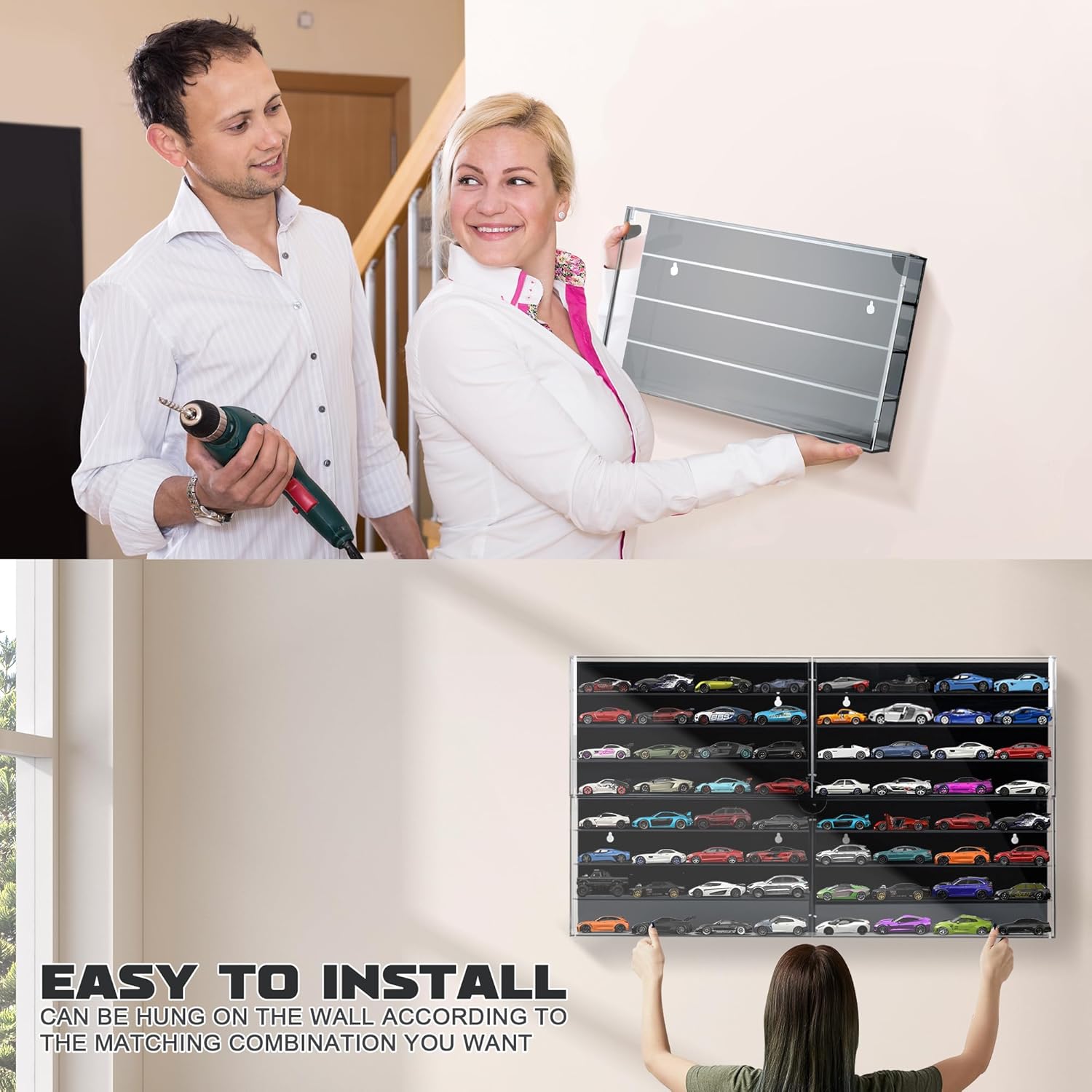 1/64 Scale Model Cars Display Case Wall-Mounted Diecast Toy Car Display Case Storage, Cabinet Lockable for 64 Mini Toys Car（Black, 27.5 X 15.7 X 1.8 inches）