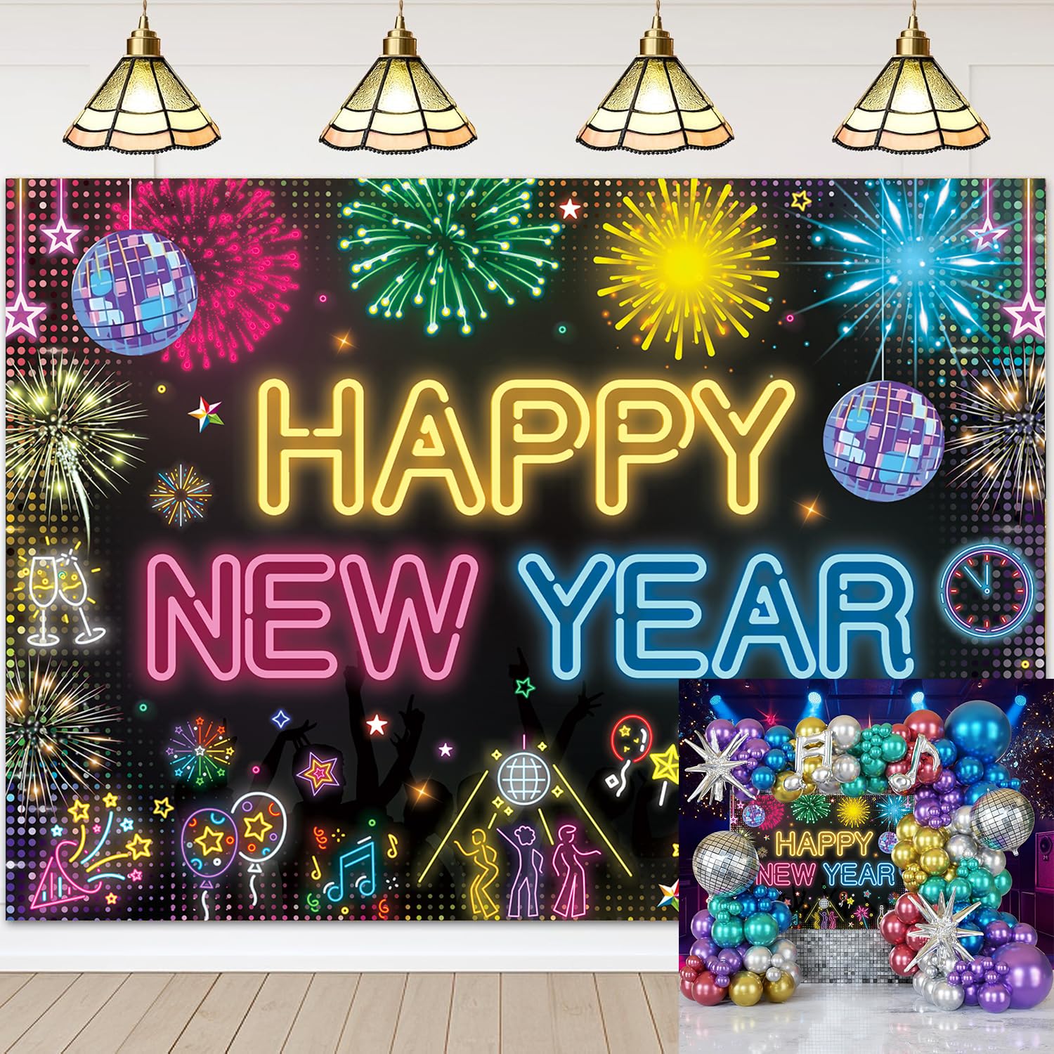 Toile de fond néon Happy New Year Disco phosphorescente pour fête du Nouvel An - Décorations de feux d'artifice couleur néon pailletée 2026 NYE - Fournitures de fête - Accessoires photo (8X6FT (244 x