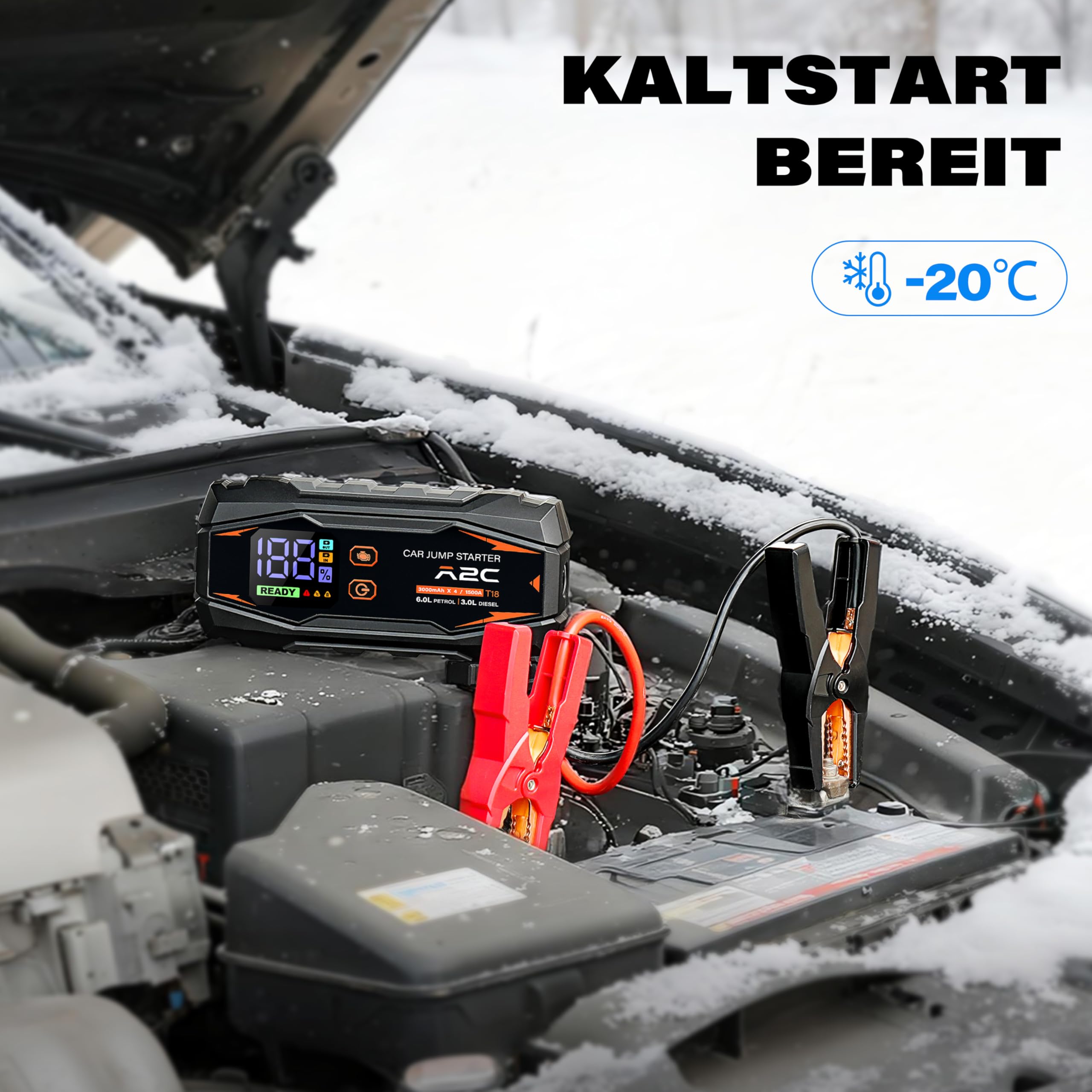 A2C Starthilfe Powerbank, 12V starthilfe powerbank für pkw(bis zu 6L Benzin/3L Diesel), 16800mAh Power Bank(PD/QC 3.0) mit 3 USB, Auto starthilfe mit Starthilfekabel, Mit LED-Anzeige und Licht | 3 USB-C-Anschlüsse, Schnellladung PD/QC 3.0, LED-Display, in