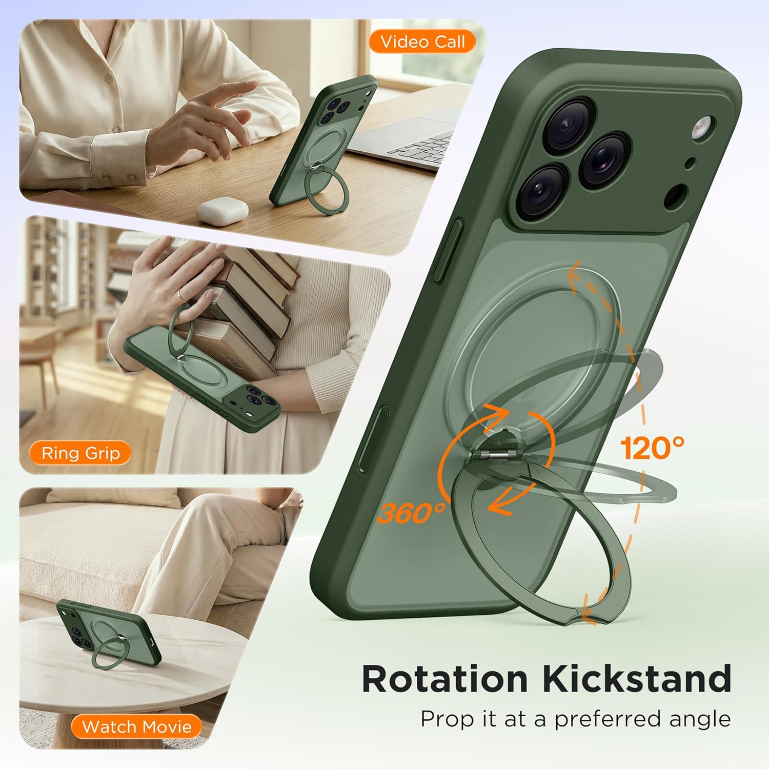 GolbinBox 360° Spin Magnetic Stand for iPhone 17 Pro Case, [Compatible with MagSafe] [Full Camera Protection] [16FT Military Drop Protection], Silm Translucent Matte Phone Case, Green - Image 3