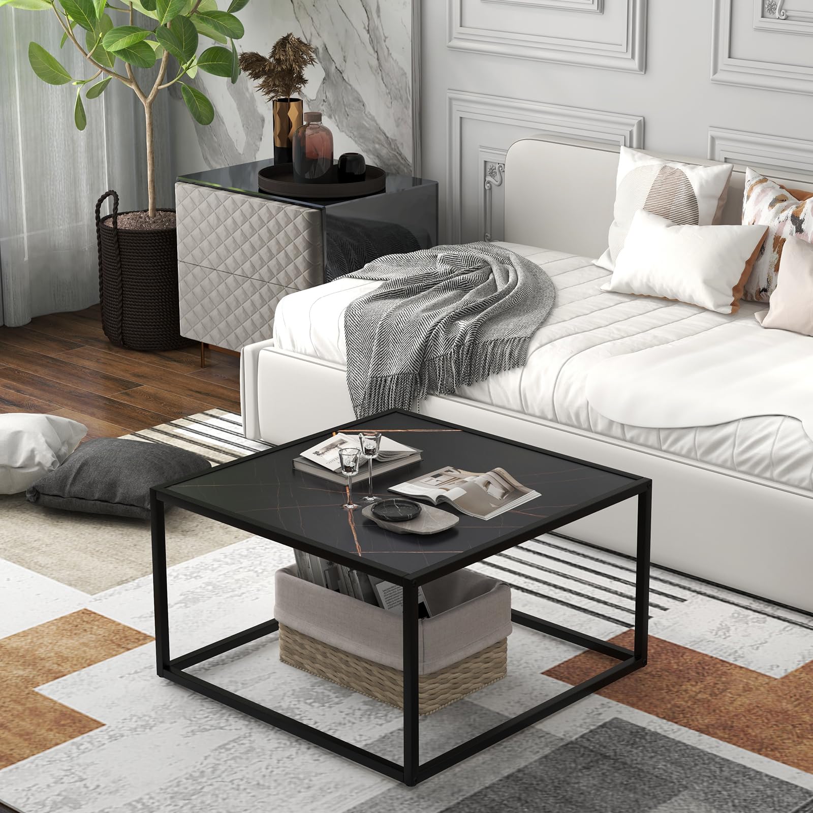 Huhote Set di 2 tavolini quadrati moderni in vetro - Tavolino piccolo - Tavolino per soggiorno, camera da letto, ufficio - 50/45 cm - Dorato