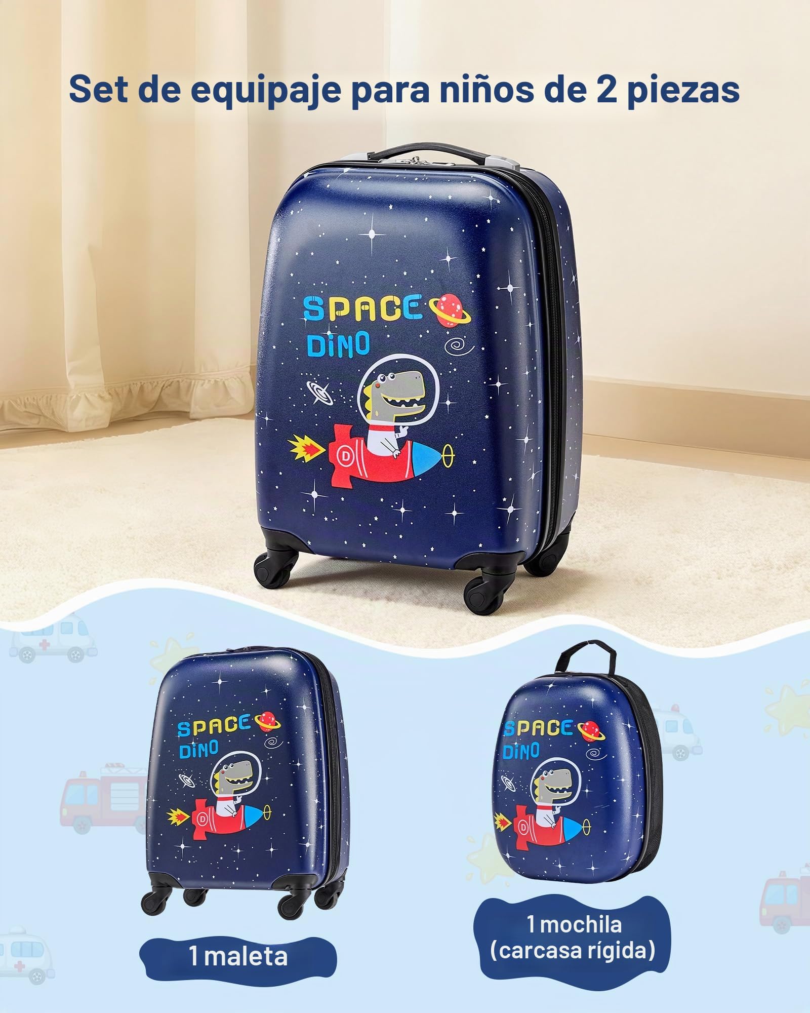VEVOR Juego de Maletas Infantiles 2 Piezas, Maleta de Cabina con Ruedas 45,7 cm, Mochila de Carcasa Dura, Dinosaurio Azul Marino, Equipaje Infantil para Escuela Viaje Camping, Aprobado por Aerolíneas