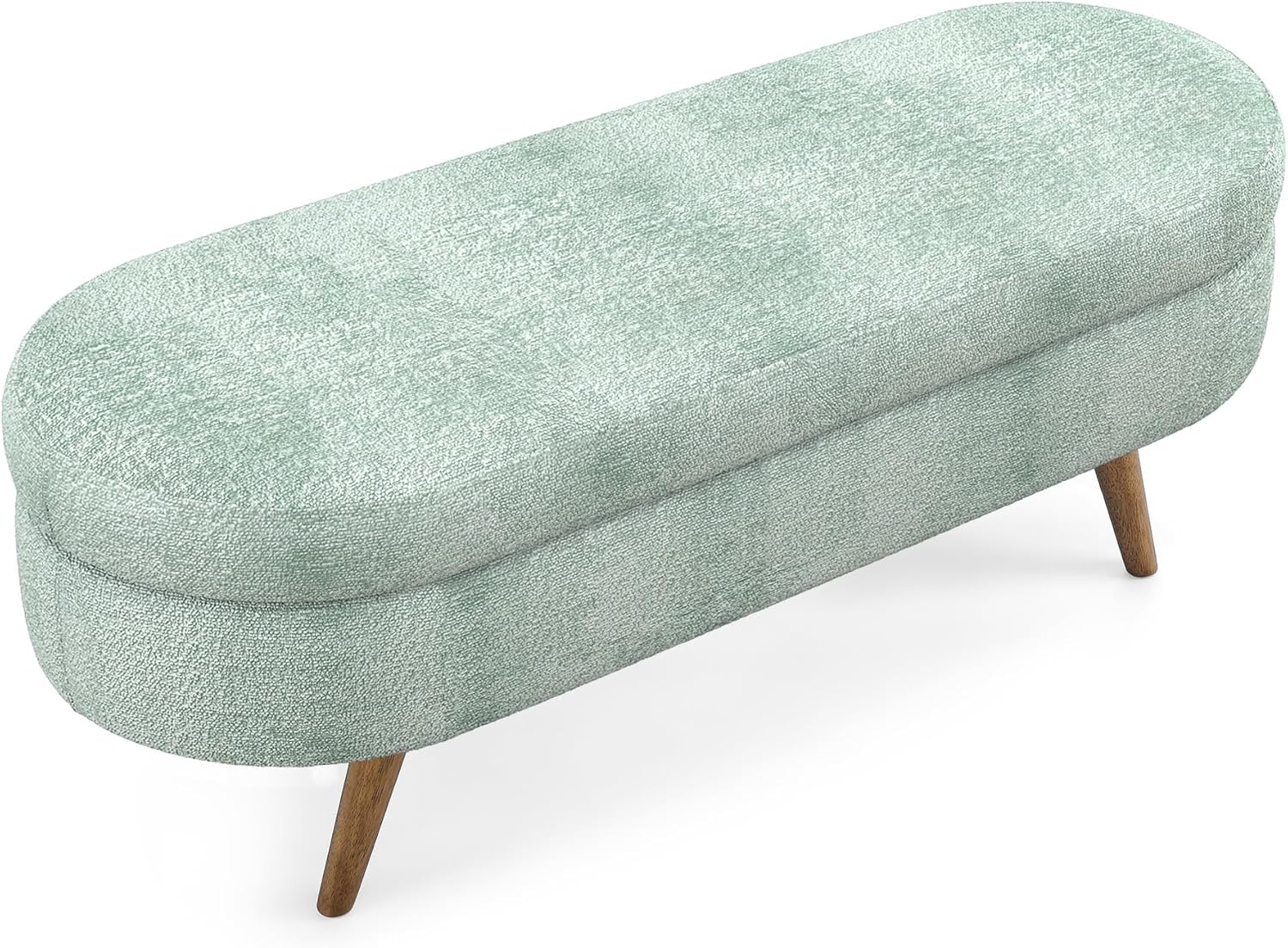 Ball & Cast 43.5" Oval Entryway Storage-Bench, Linen Upholstered Storage Ottoman, Modern Comfy End of Bed Bench with Solid Wood Legs & Safety Hinge for Hallway Bedroom Living Room, Cyan