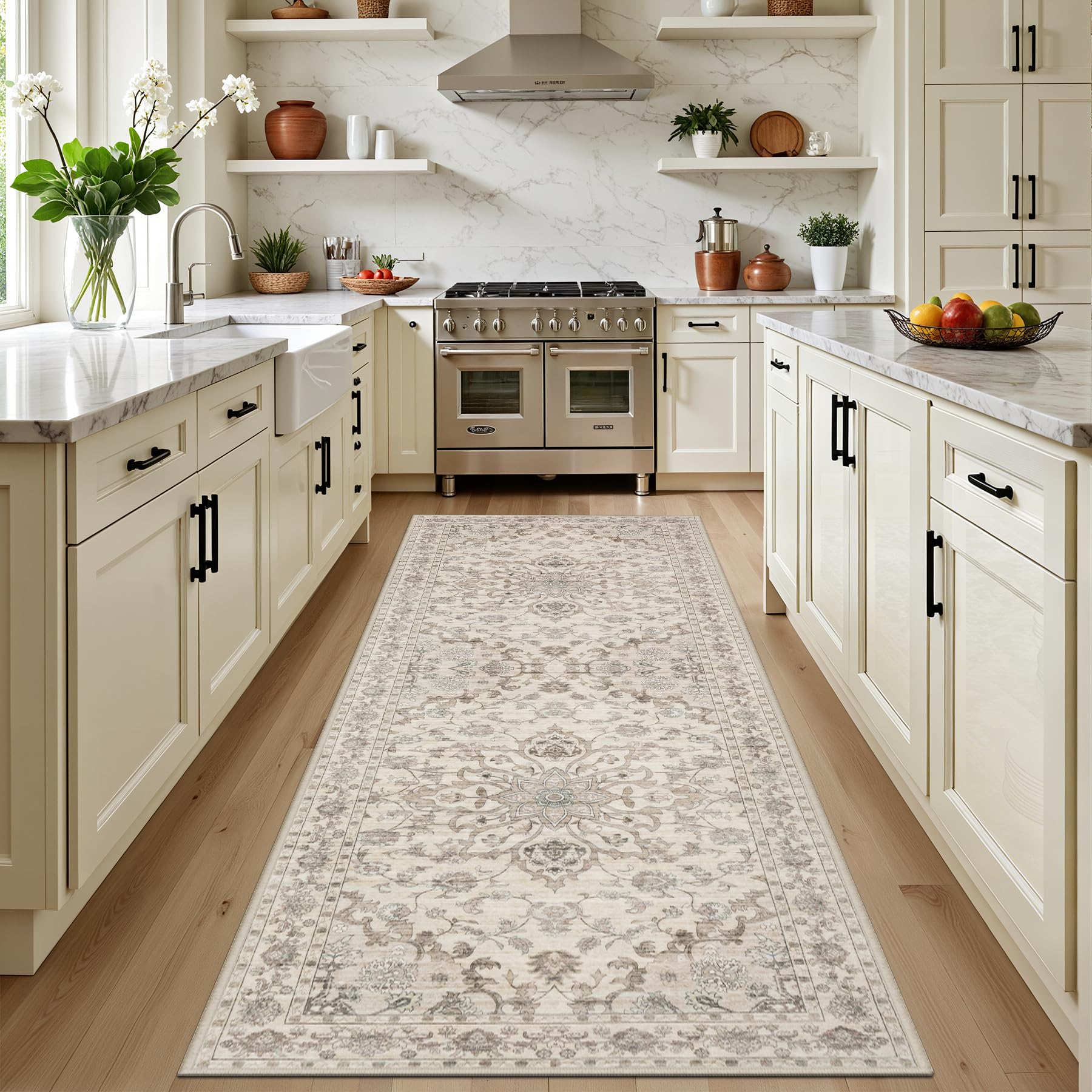 ExpediX Hallway Runner Rug: 2.6x8 Kitchen Rugs for Living Room Brown Beige | Runner Rug Hallway Washable Rug No Slip Soft Bedroom Rug Indoor Floor Stain Resistant Carpets for Entryway, Laundry, Bathro