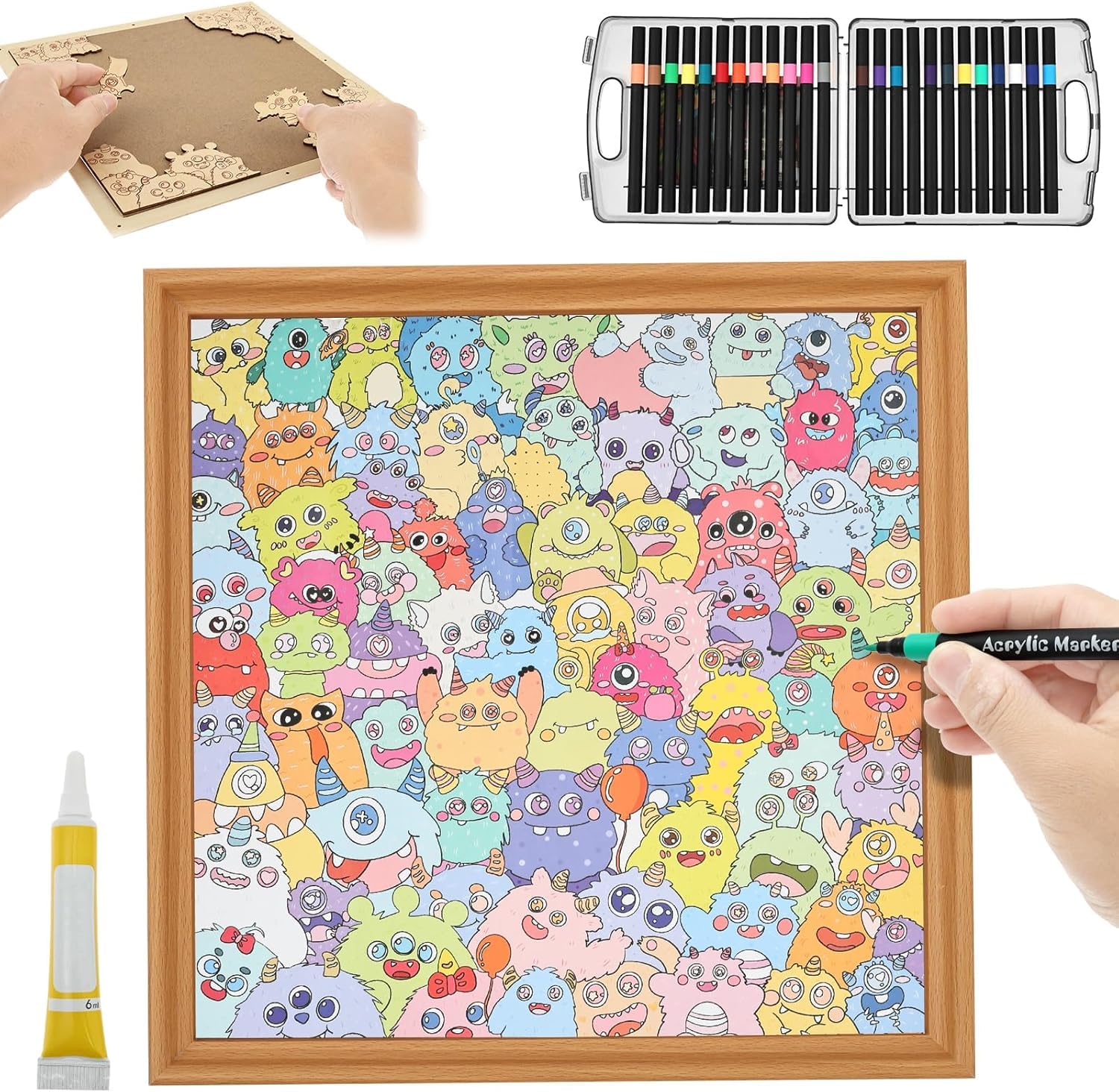 62 Piece Wooden Coloring Puzzle, Monster Wooden Puzzle with 24 Color Pen, DIY Wooden Monster Puzzle Frame, Challenging Irregular Jigsaw, Jigsaw Puzzle for Home Decoration Craft Lover