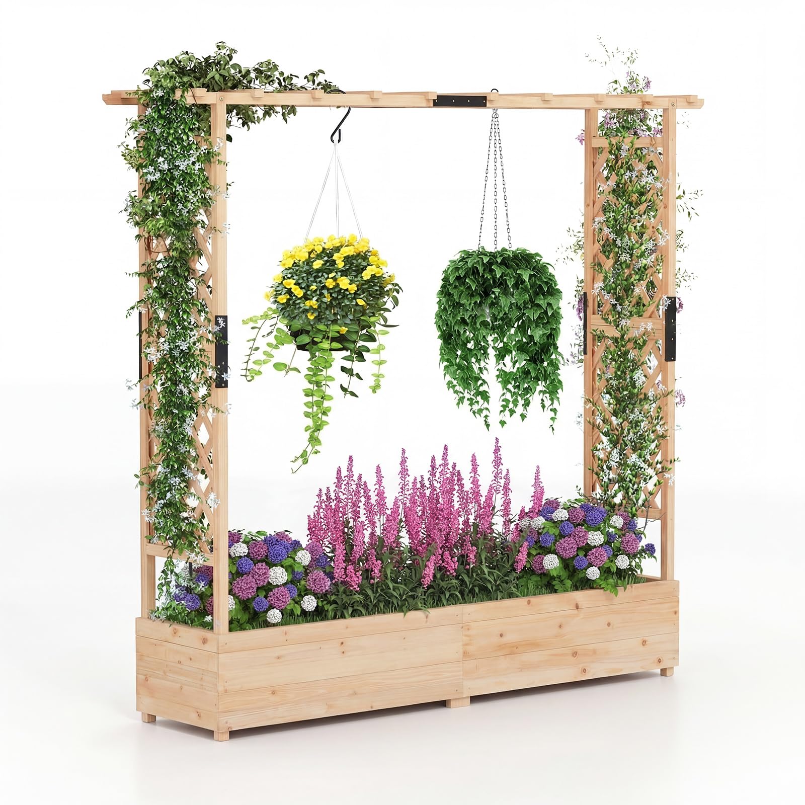 COSTWAY Blumenkasten mit Rankgitter & hängendem Dach, Pflanzkasten mit Rankhilfe, Hochbeet für Kletterpflanzen & hängende Körbe, für Garten Hof Terrasse, Pflanzkübel Holz, 196 x 44 x 182 cm (Natur)